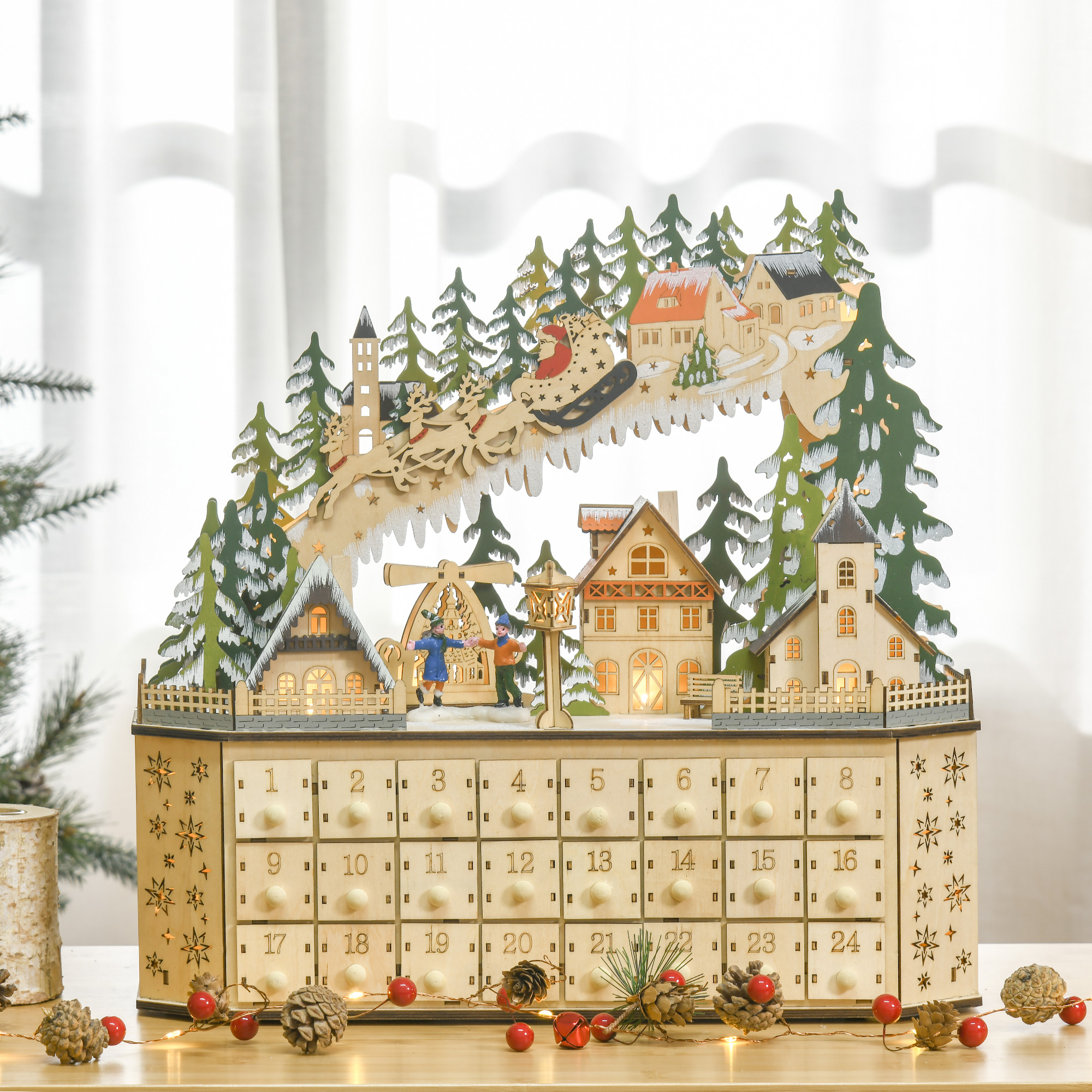 Adventskalender Weichnachtsdekoration Weihnachtsdeko, 24 Schubladen, LED-Lichter, 39 cm x 9 cm x 42 cm, Weiß + Grün