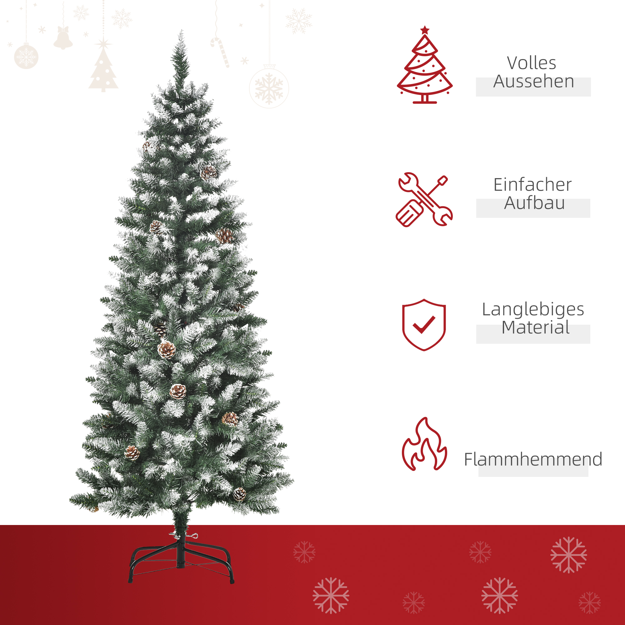 Künstlicher Weihnachtsbaum, 630 Zweige, 37 Zapfen, verschneite Spitzen, feuerfest, 150 cm