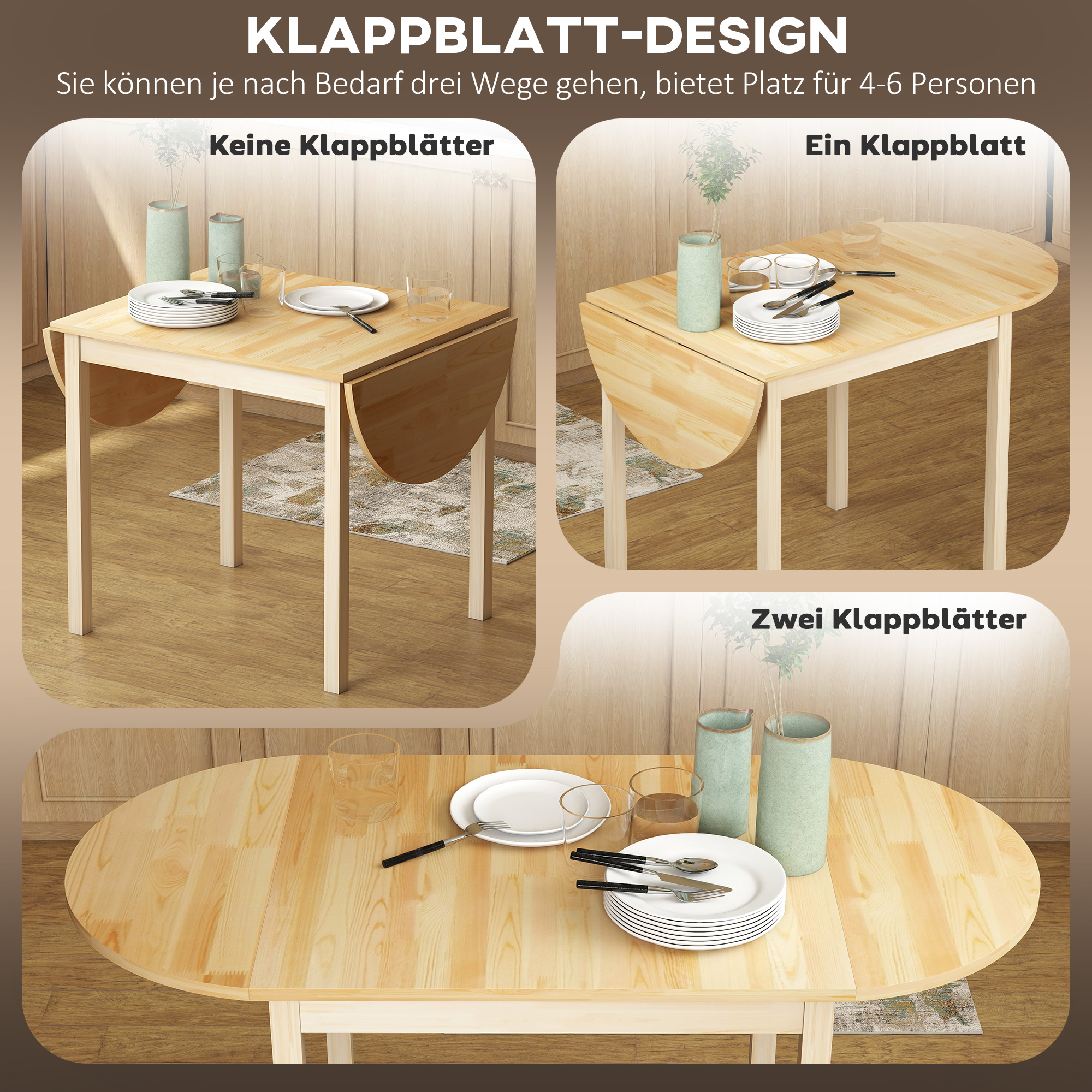 Esstisch aus Holz Klappbar Küchentisch für 6 Personen mit Drop-Leaf-Design 140 x 70 x 75 cm Naturholz
