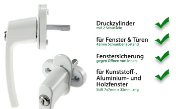 Abschließbarer Fenstergriff, weiß - 2 Schrauben, 2 Schlüssel
