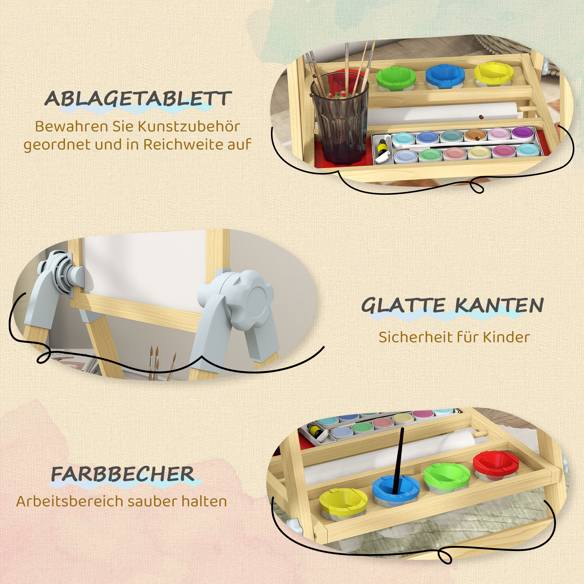 Kinder Staffelei aus Holz, Doppelseitige Whiteboard und Tafel Höhenverstellbar Standtafel mit Papierrolle, Ablage, Natur