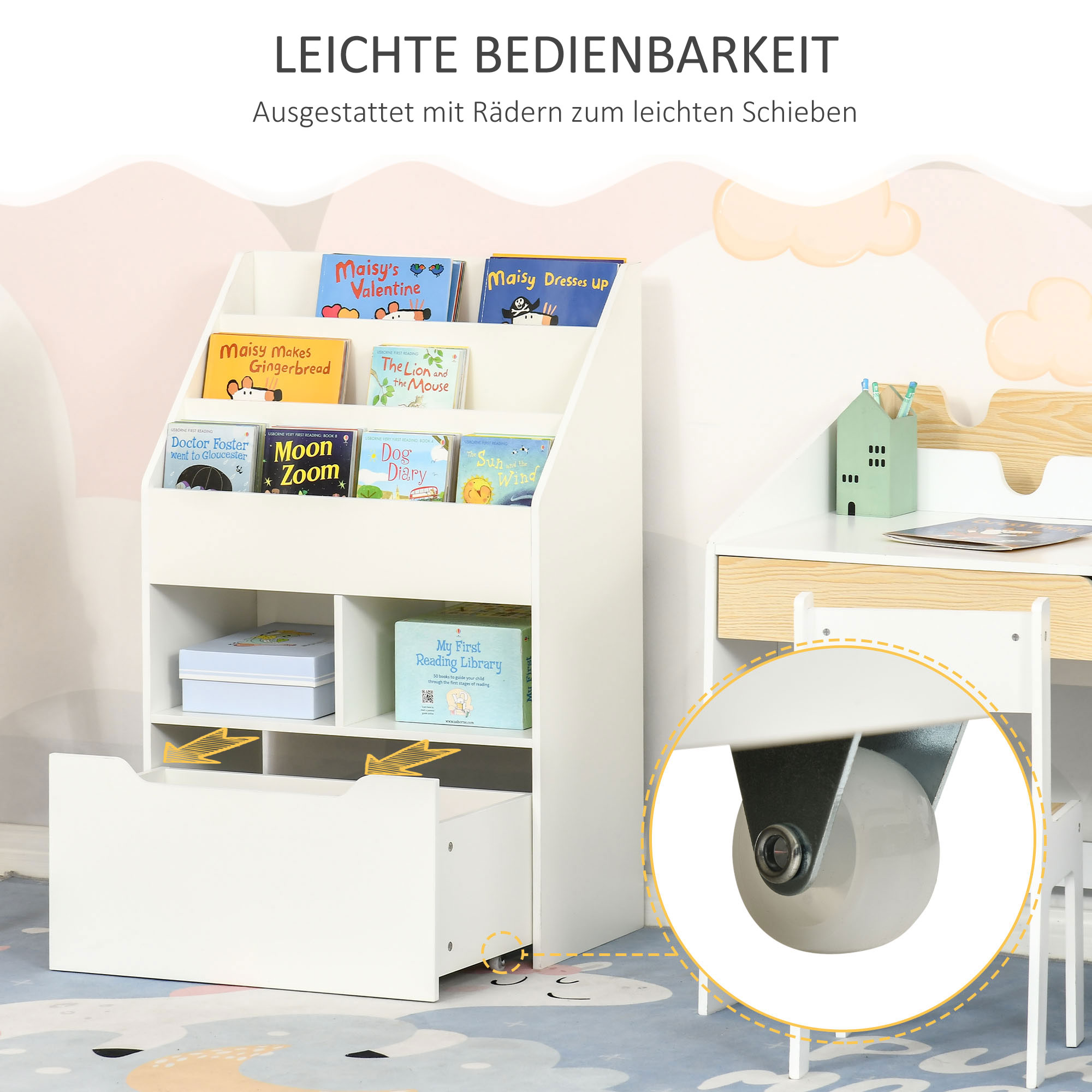 Kinderregal mit Schublade, Bücherregal mit Fächern, 60 x 29,9 x 90 cm, Weiß