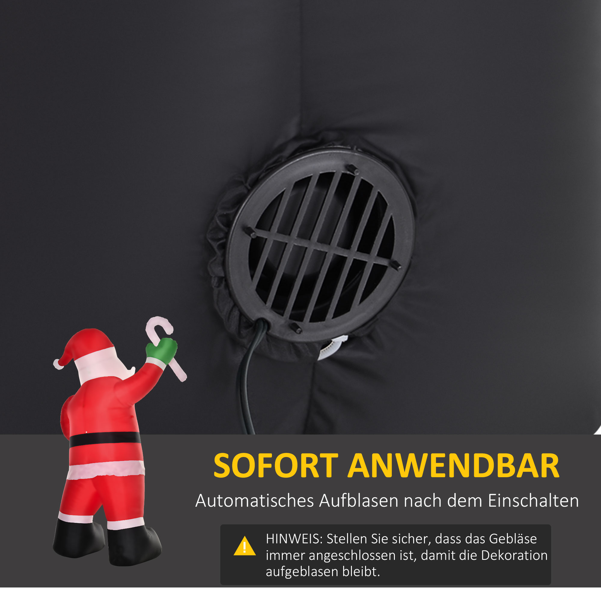 Aufblasbarer Weihnachtsmann mit LED-Beleuchtung inkl, Gebläse, Halteseilen, Bodenspieße, Sandsäcke,140cm x 85cm x 250cm