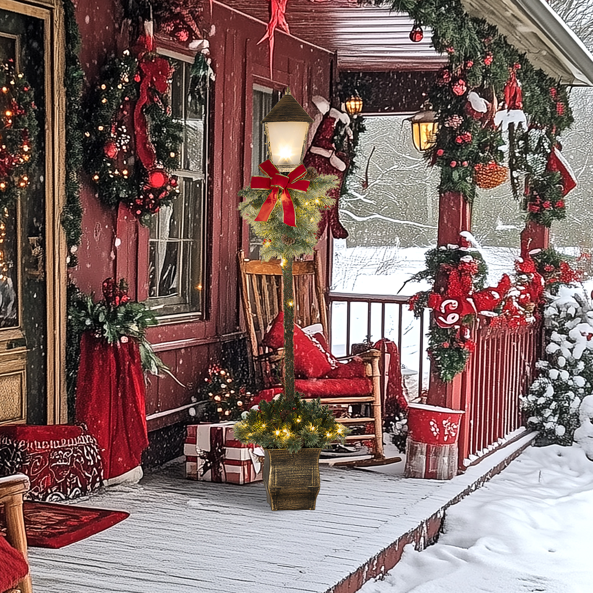 Weihnachtslaterne mit Beeren, Zapfen & Schleife, LED-Lichter, Metallmast, 150 cm