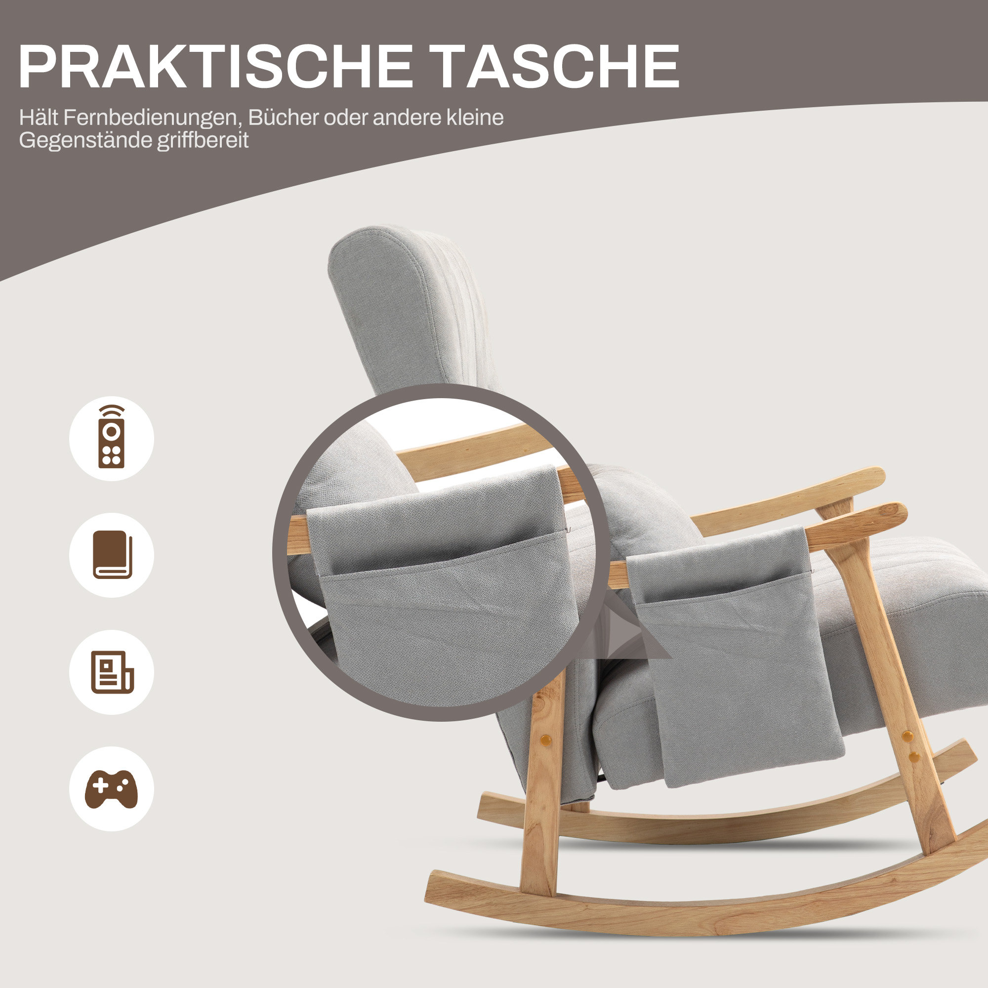 Schaukelstuhl mit Nierenkissen, breiter Sitz, Kautschukholzrahmen, bis 120 kg, Grau