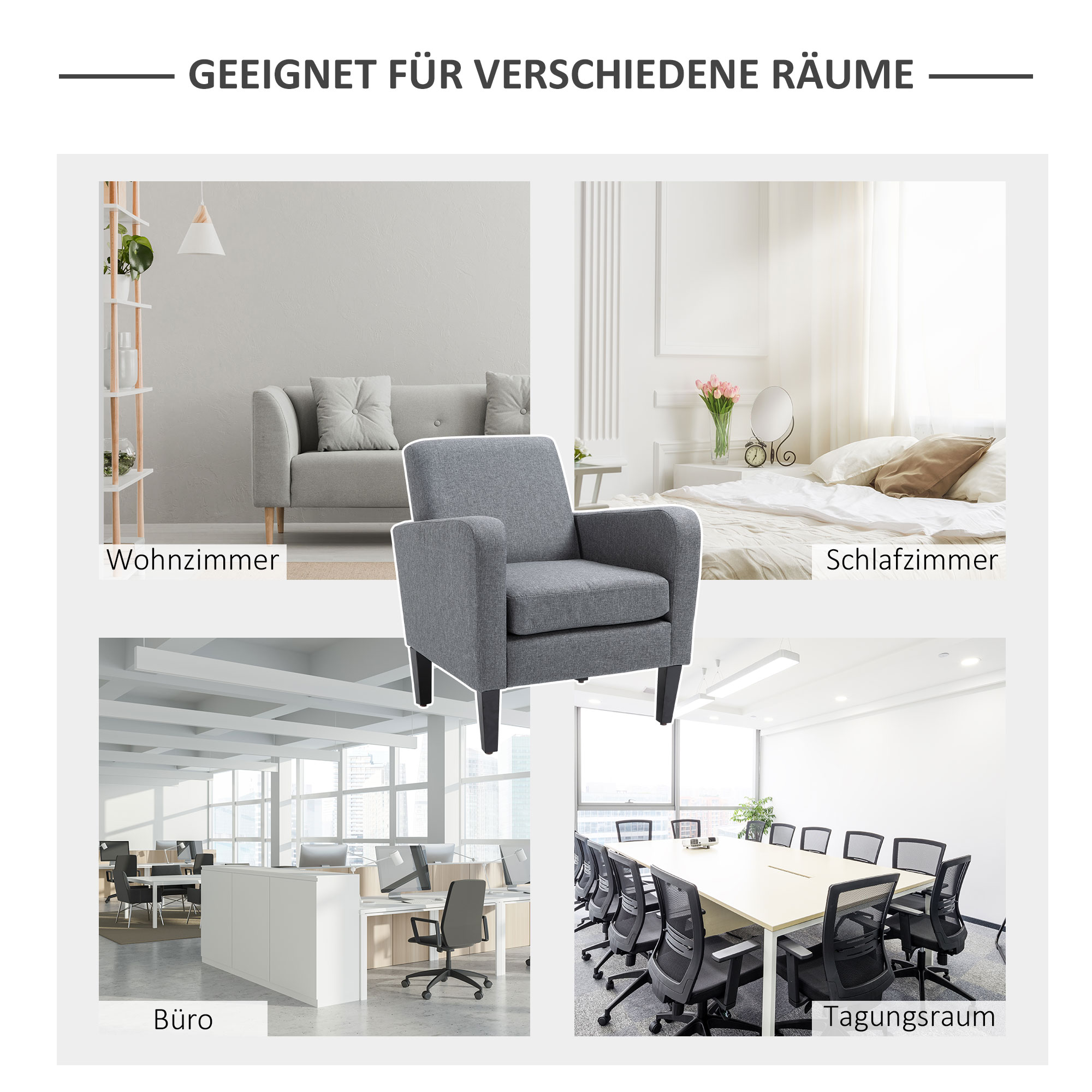 Einzelsessel, Relaxsessel, Polstersessel mit Holzfüßen, Stoff in Leinenoptik, 66 x 72 x 74 cm, Hellgrau