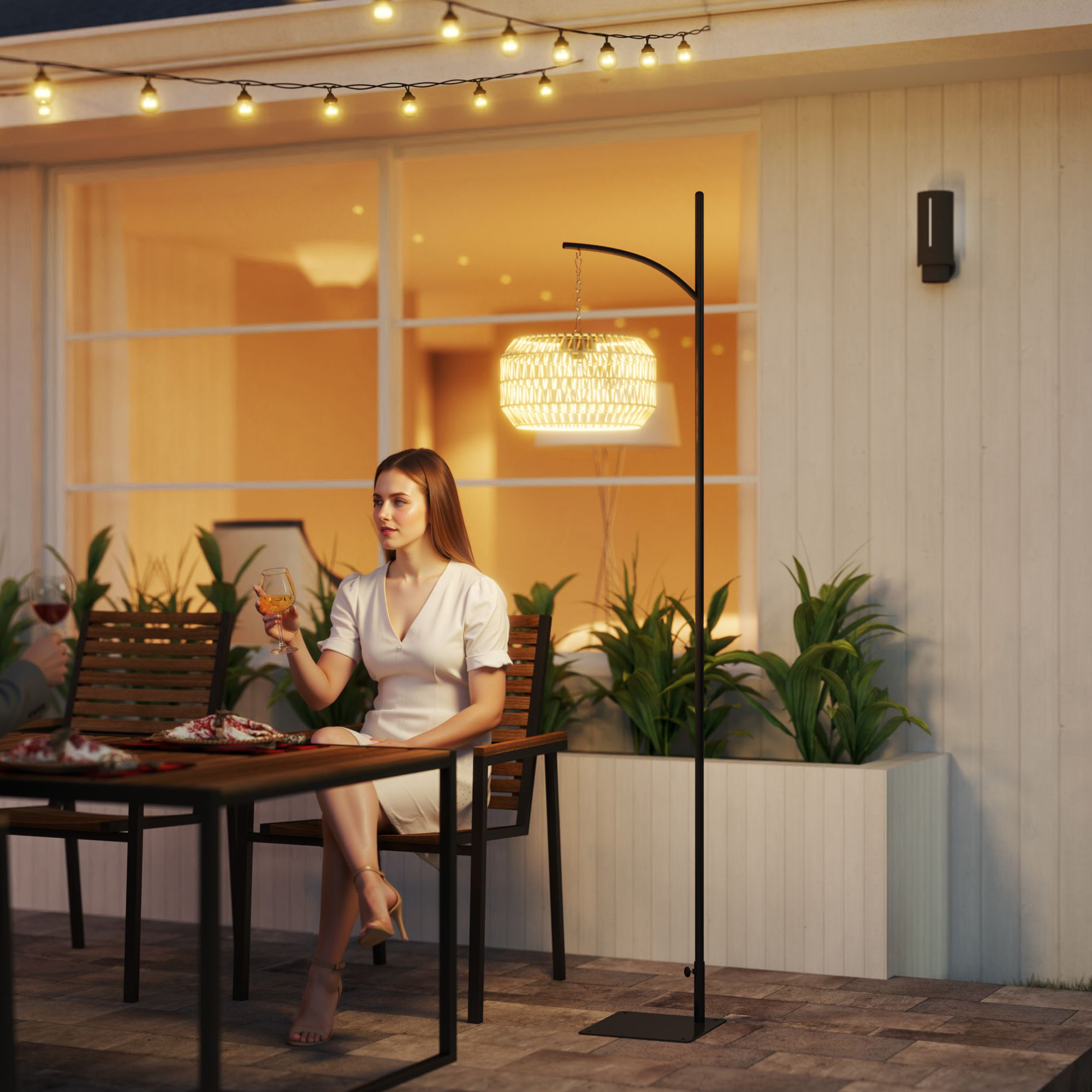 Solar Stehlampe Rattan Solarlampen mit Lichtsensor Automatische Solarleuchte im Boho-Stil IP44 Schwarz+Gelb