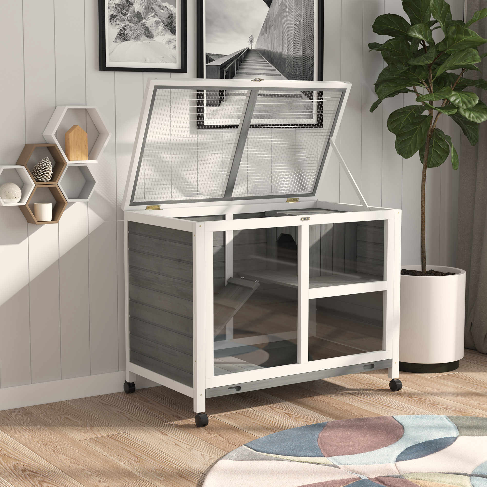 Kleintierstall mit 2 Ebenen 4 Rollen versiegeltes Tannenholz Grau