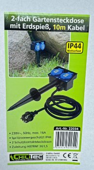Gartensteckdose mit Erdspieß, 2-fach - IP44, 10m Kabel