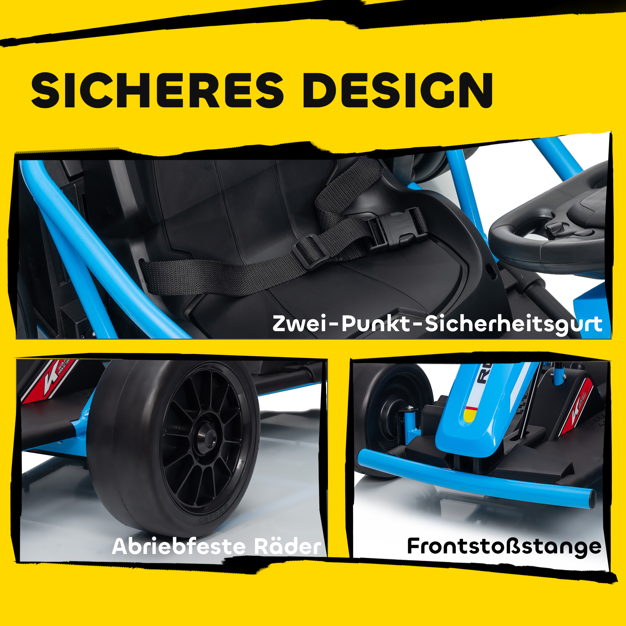 24V Elektro-Go-Kart zum Fahren und Driften, Nylon-Reifen, Sicherheitsgurt, Hupe, Musik für 8-12 Jahre Blau