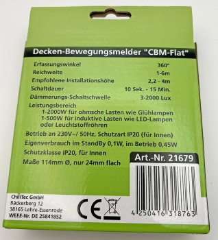 Decken-Bewegungsmelder "CBM-Flat" 360° - LED geeignet, 6m Detektion, 2000W, weiß