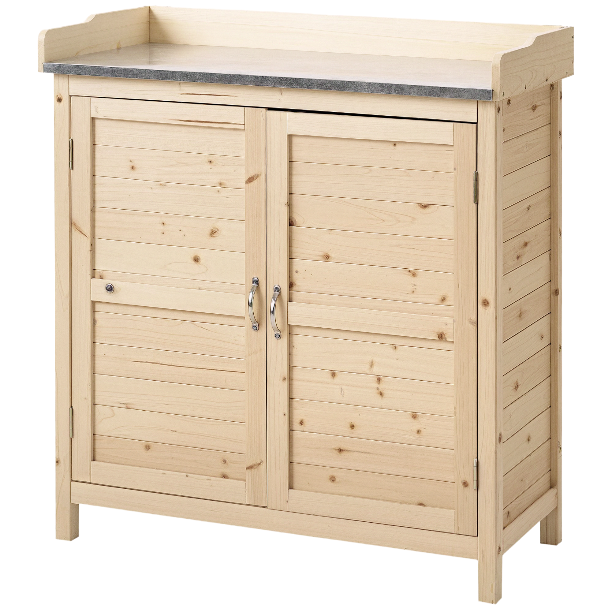 Gartenschrank mit 2 Fächern, Metall-Arbeitsplatte mit Aufkantung, Naturholz, 83 x 40 x 92 cm Gartenschrank mit 2 Fächern, Metall-Arbeitsplatte mit Aufkantung, Naturholz, 83 x 40 x 92 cm