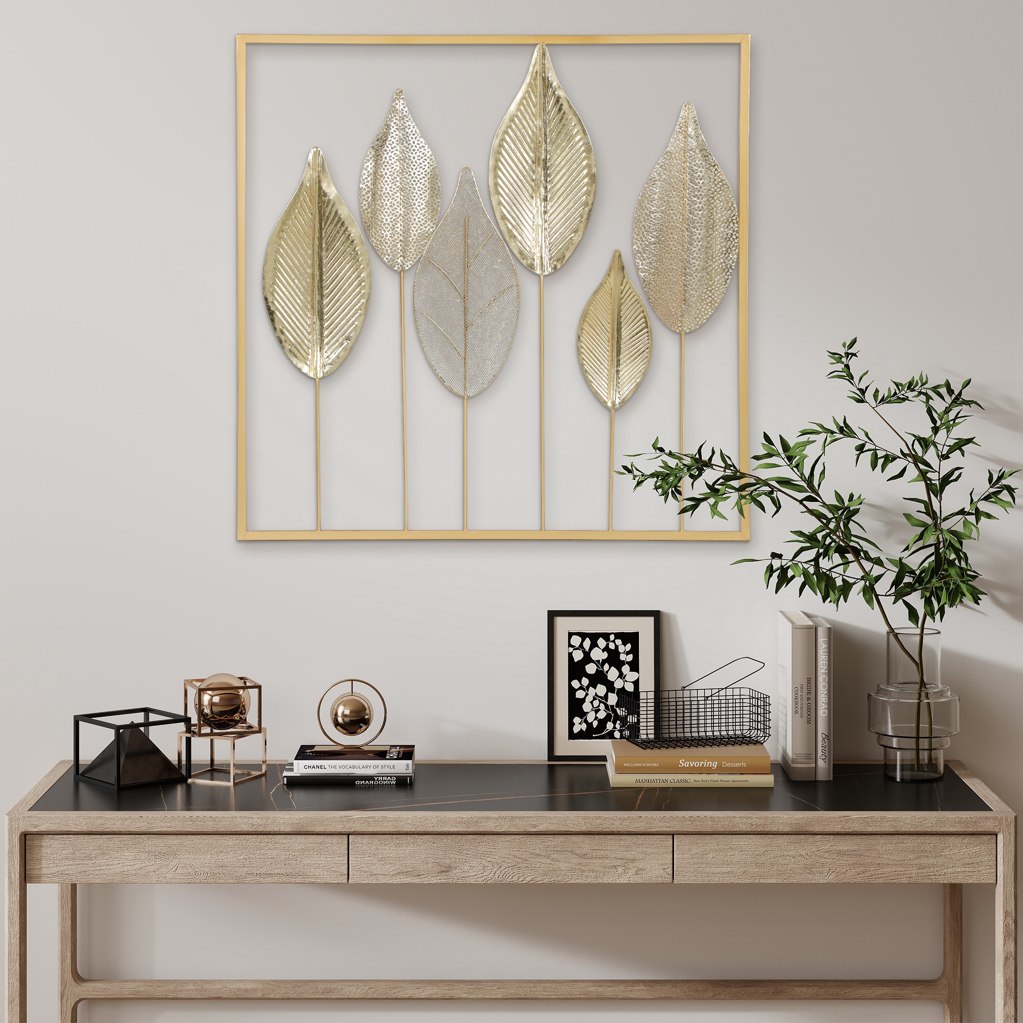 Metallrahmen mit Blattdesign, Wandschmuck, moderner Stil, Goldfarben