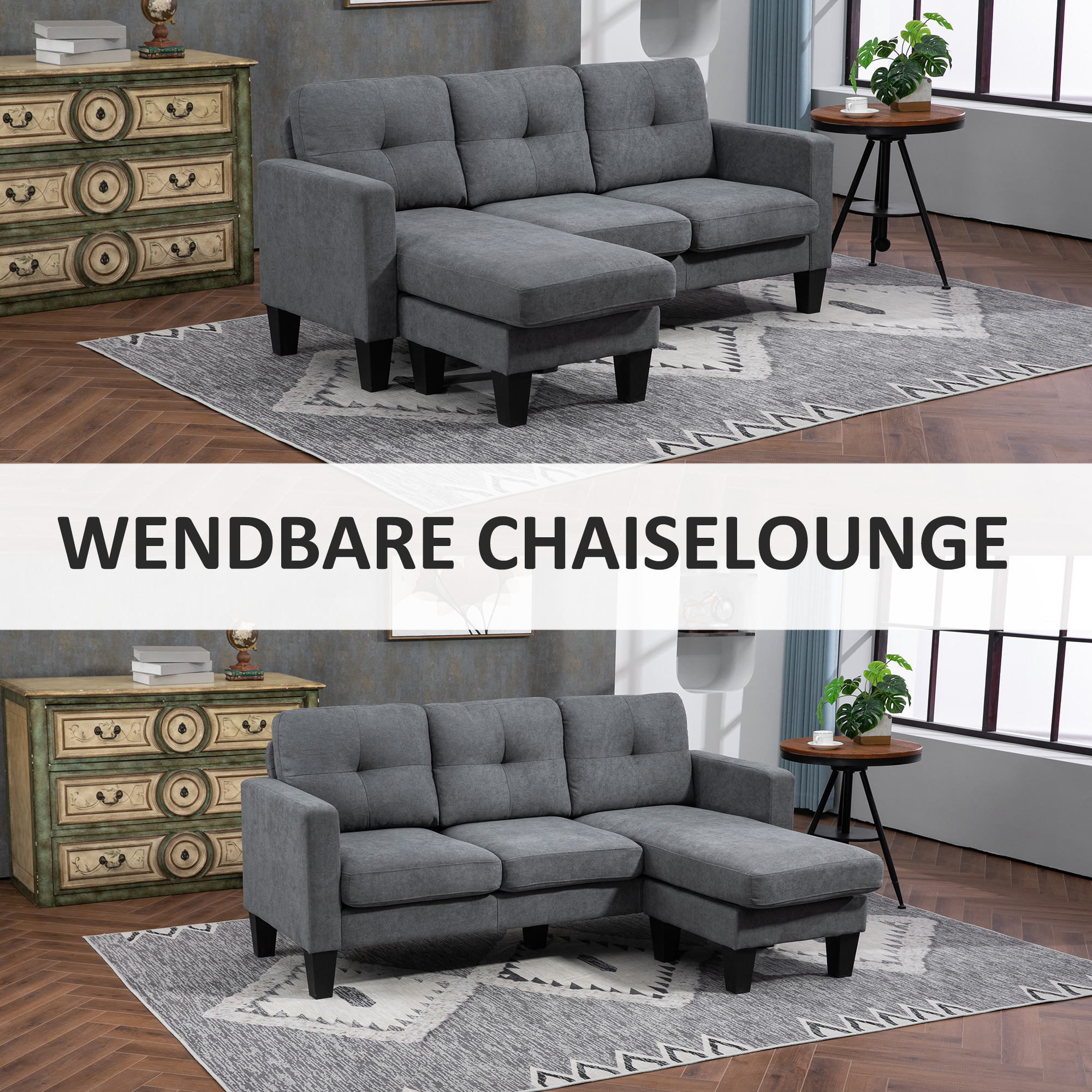 Ecksofa in L-Form, beidseitig anbringbare Chaiselongue, Polstersofa, Dunkelgrau