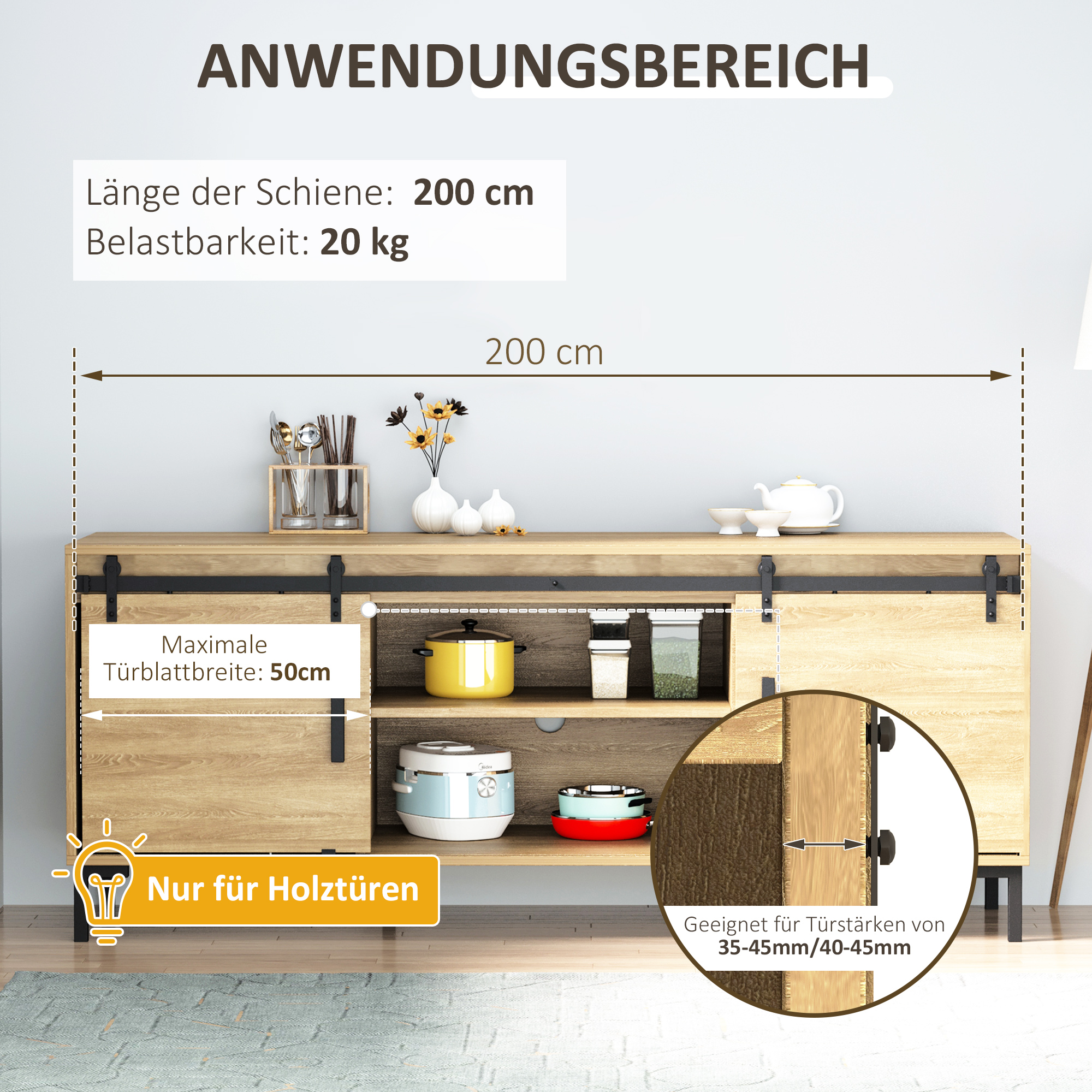 200 cm Schiebetür Komplettset Schiebetürsystem mit Bodenführung, Schiebetür Laufschiene, Laufrollen Schiebetürbeschlag aus Kohlenstoffstahl für Doppelschiebetür