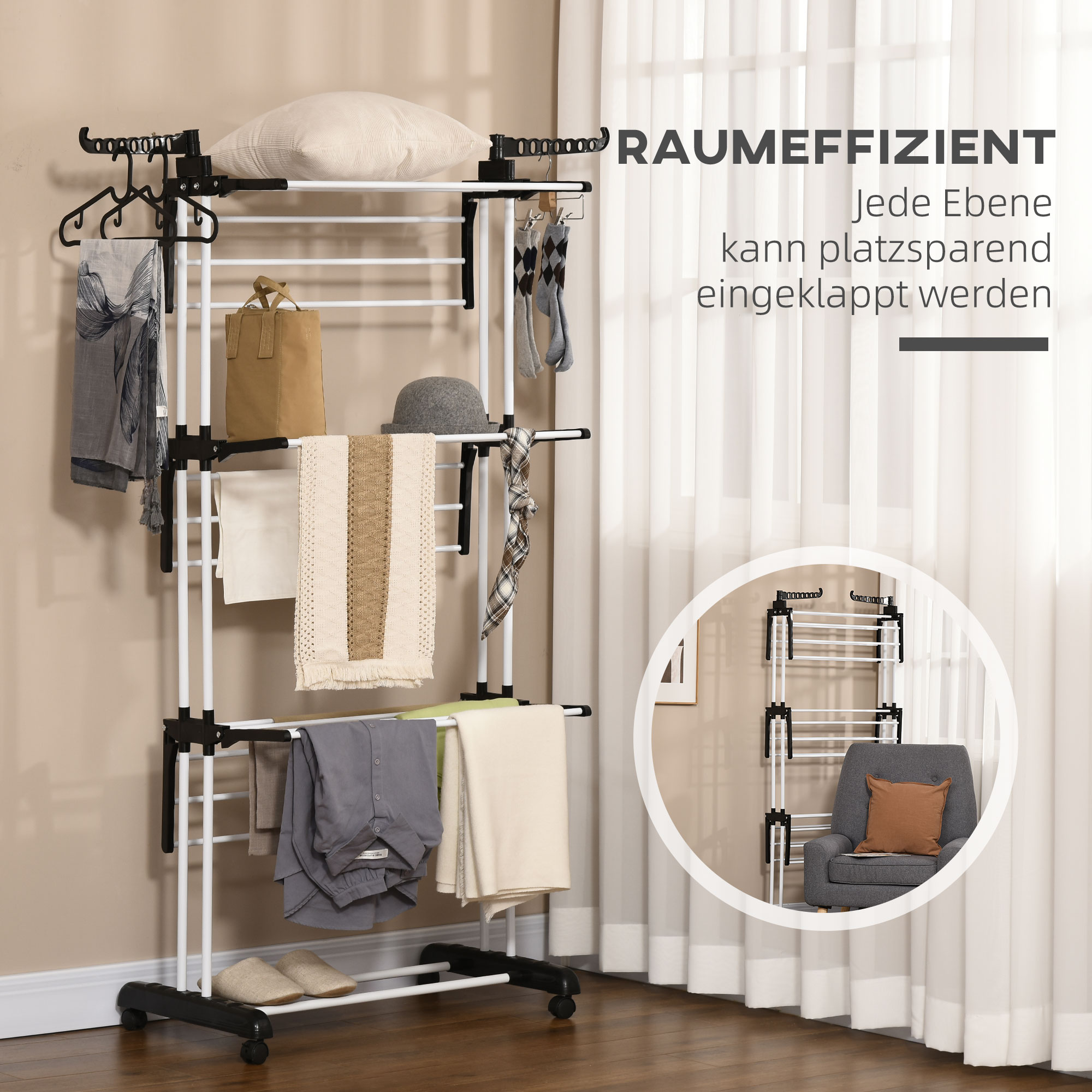 Wäscheständer, 4 Ebenen, klappbar, 4 Rollen mit 2 Bremsen, Metallrahmen, Schwarz, 73 x 64 x 177cm