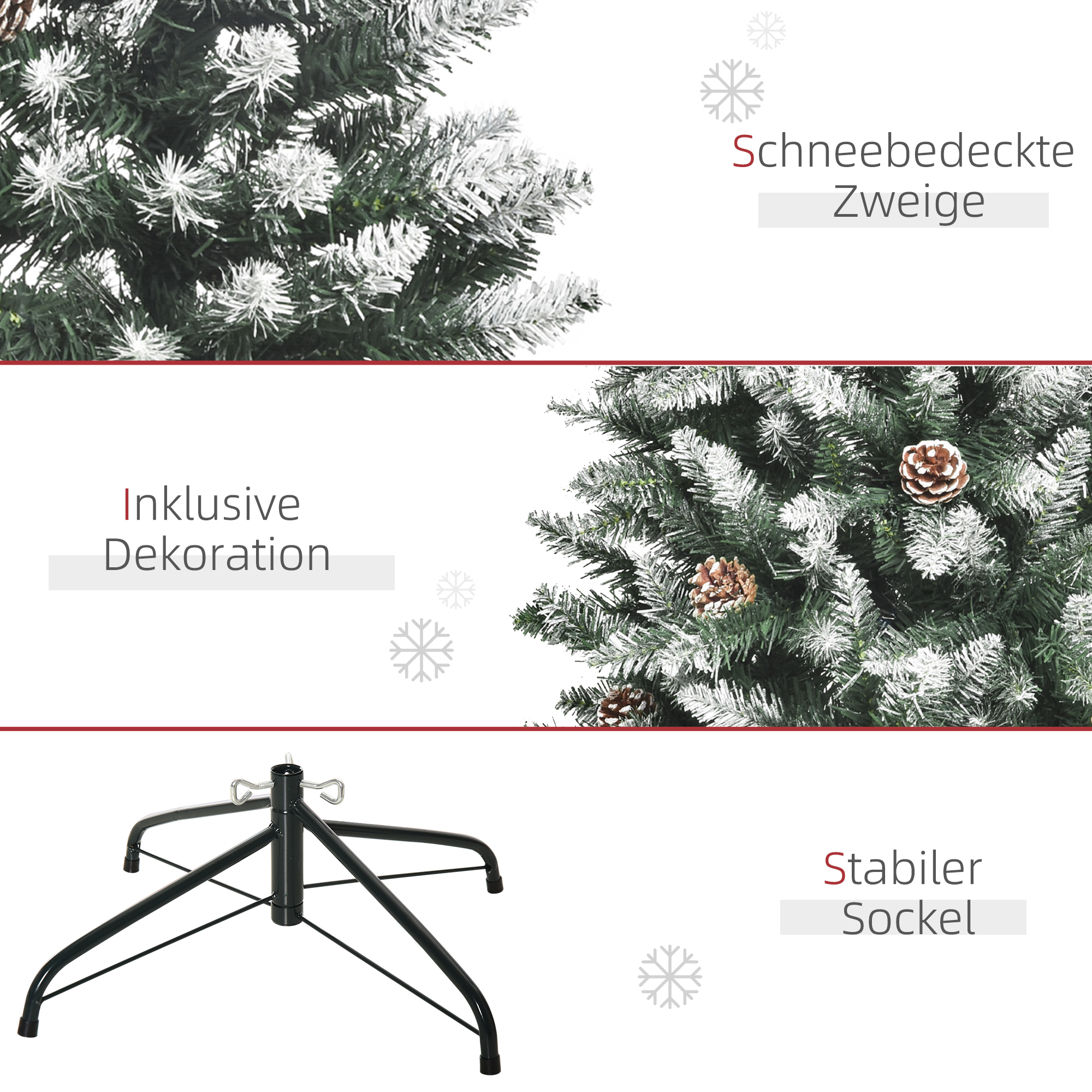 Künstlicher Weihnachtsbaum, 630 Zweige, 37 Zapfen, verschneite Spitzen, feuerfest, 150 cm