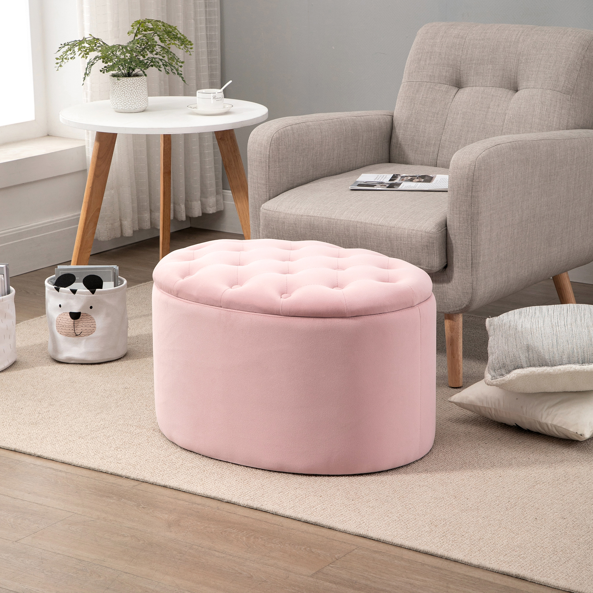 Sitzbank mit Stauraum Polsterbank mit Samtoptik, Sitztruhe Ovale Form, Truhenbank für Wohnzimmer Schlafzimmer Flur 71 x 52 x 42 cm, Rosa