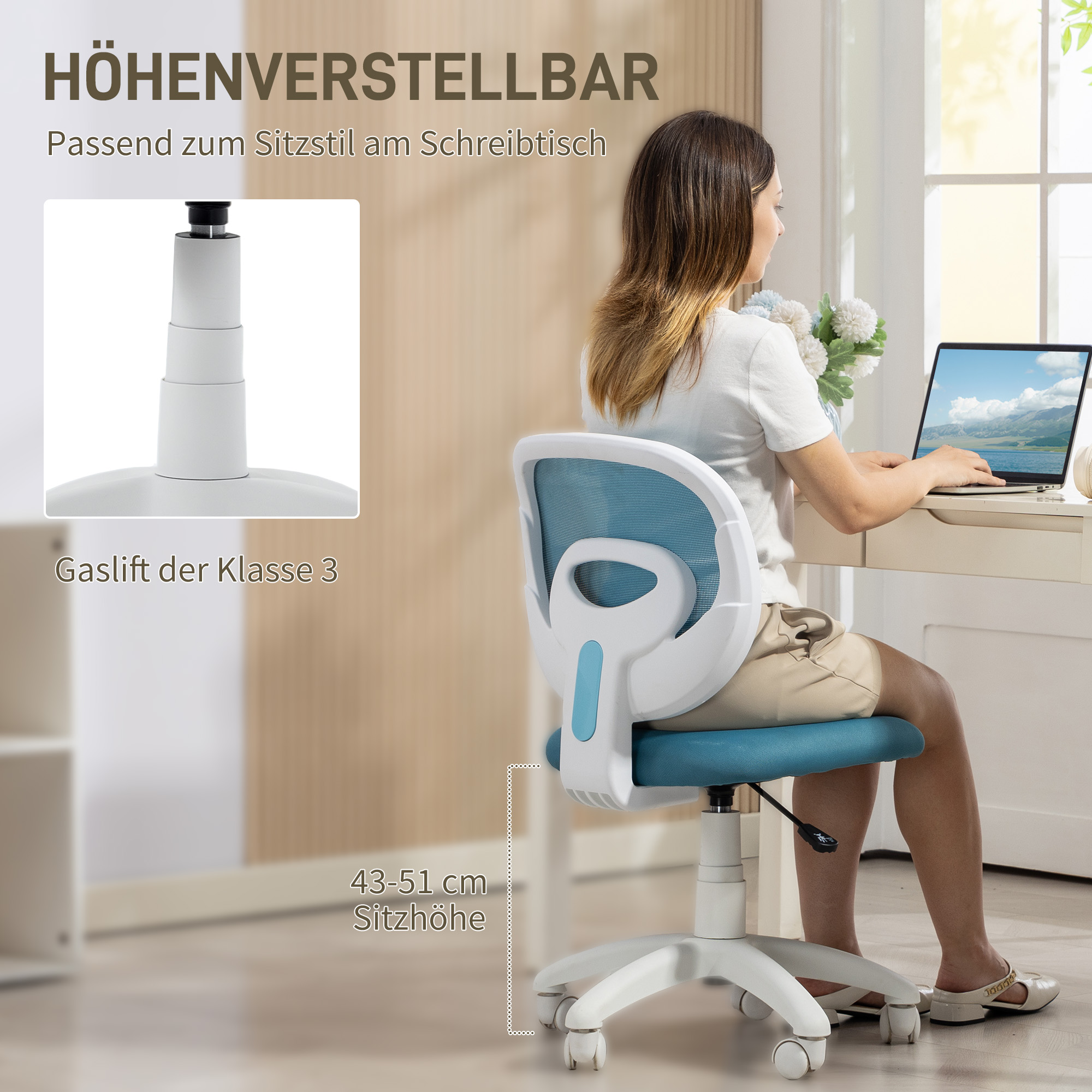 Bürostuhl Ergonomischer Schreibtischstuhl mit C-förmiger Rückenstütze, Höhenverstellbar Blau
