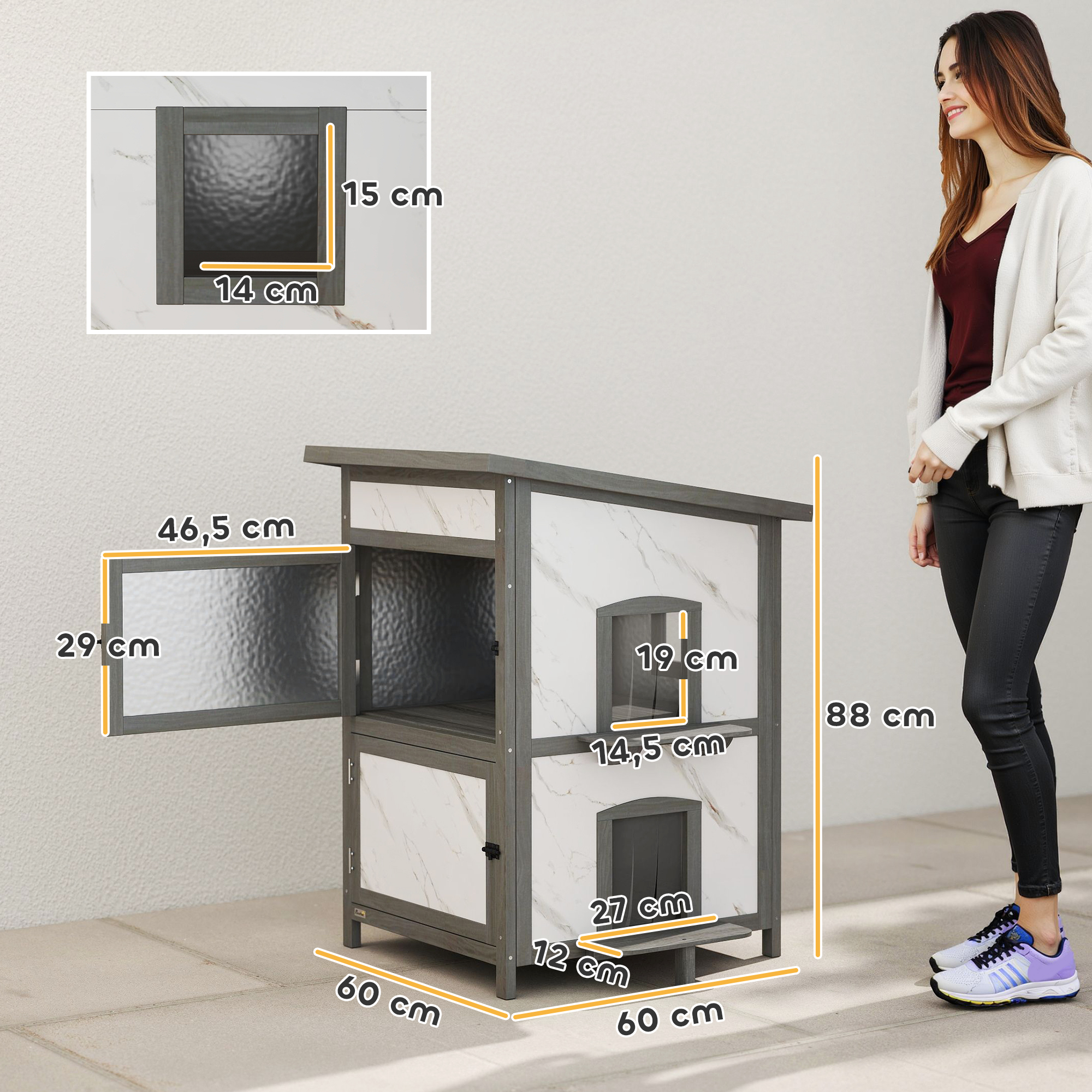 Outdoor-Katzenhaus, Holzhaus für Katzen, mehrere Eingänge, Fenster, Wasserfest, 60 x 60 x 88 cm, Weiß