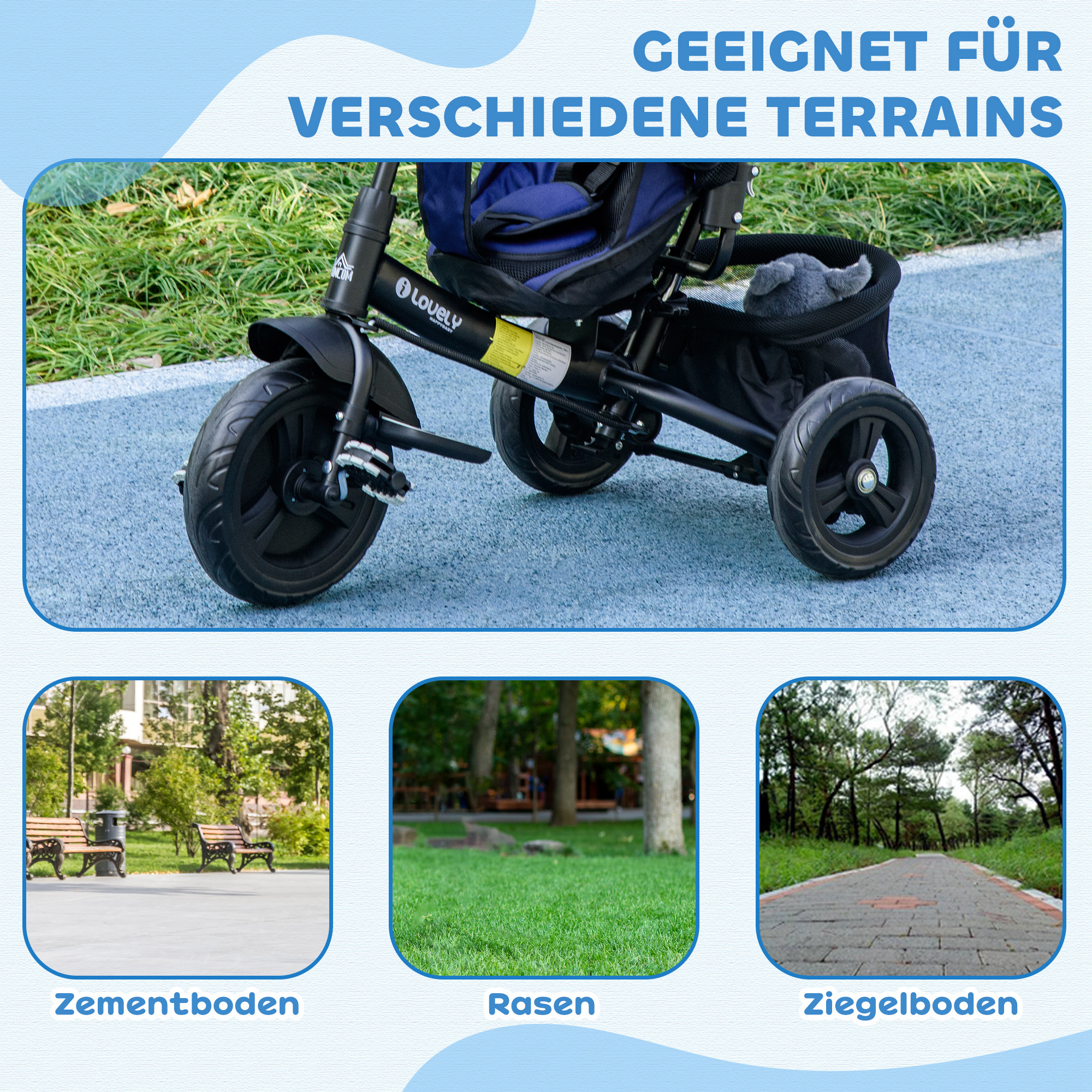 Kinder-Dreirad, Kinderfahrrad, Rückenkorb, Becherhalter, Sonnendach, Metall, Dunkelblau