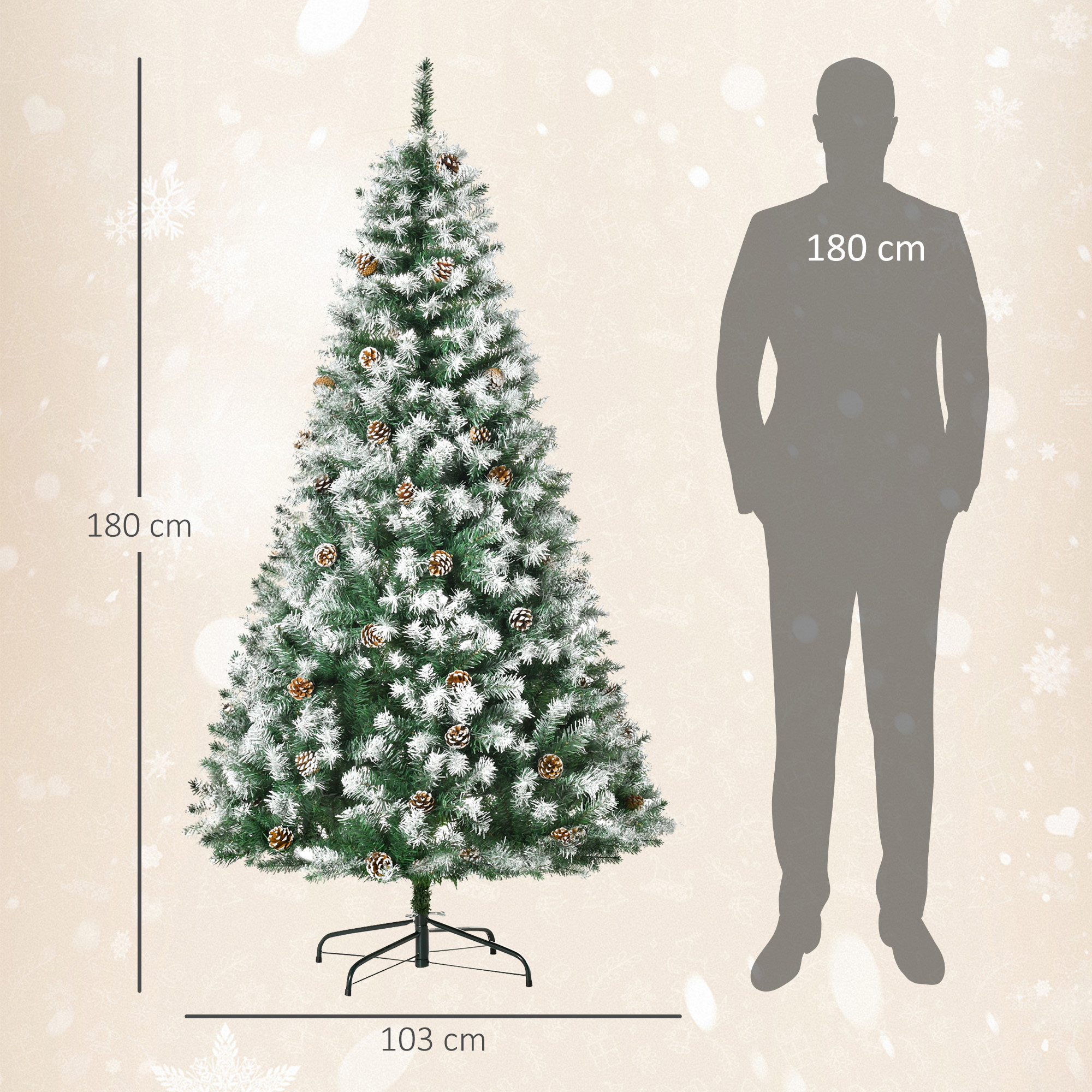 Künstlicher Weihnachtsbaum, 800 Zweige, 61 Zapfen, verschneite Spitzen, feuerfest, 180 cm