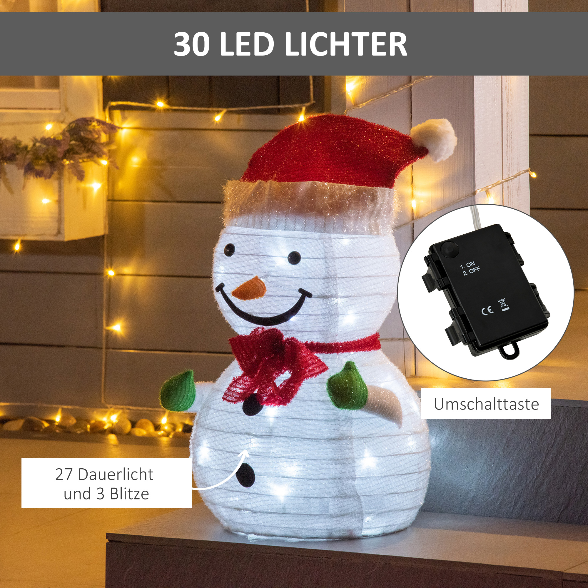 Weihnachtsdekoration Schneemann Outdoor,Weihnachtsdeko Weihnachtslicht, inkl, LEDS, 30 cm x 30 cm x 51 cm, Rot+Weiß