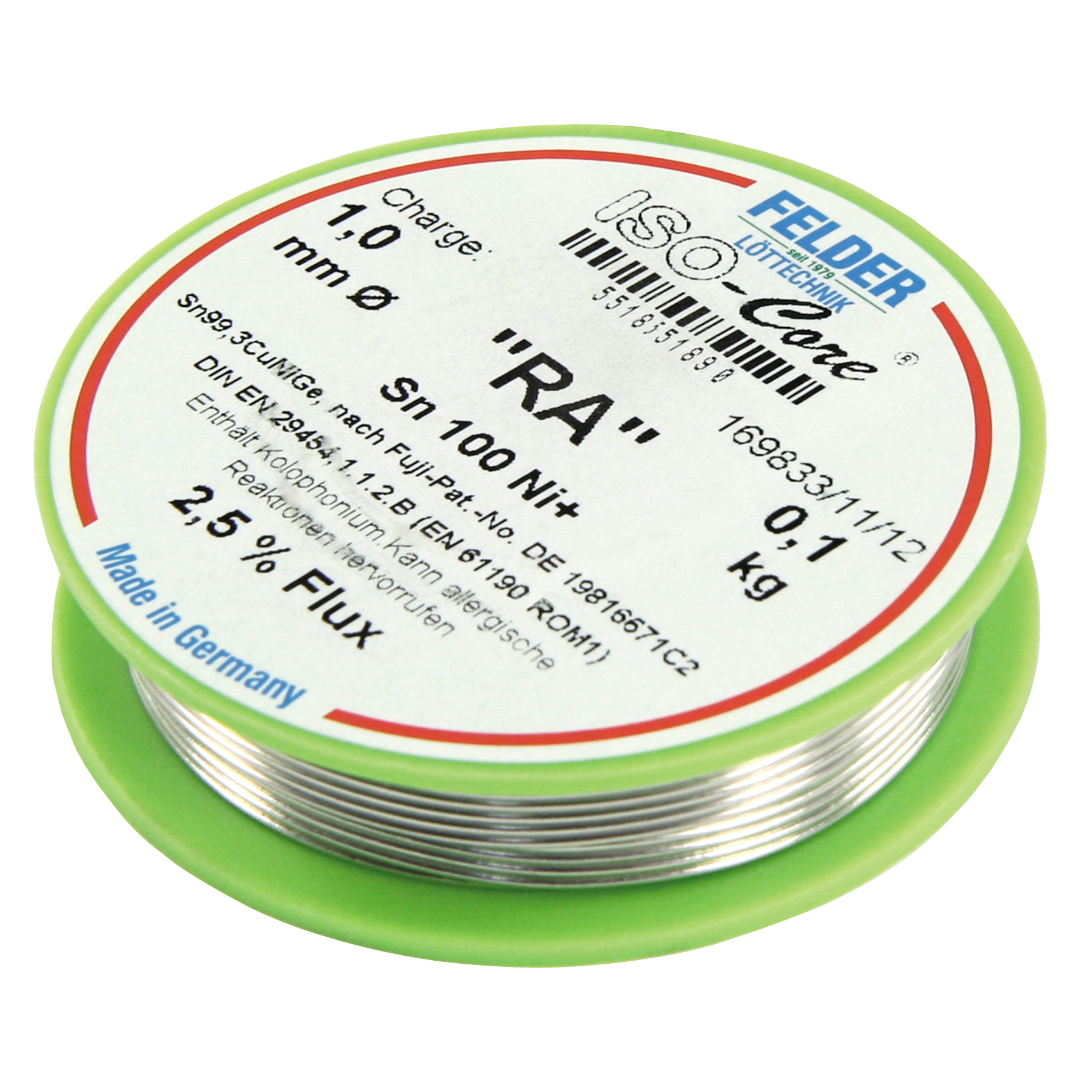 Lötzinn auf Rolle FELDER ISO-Core ''RA'', 1,0mm, 100g, bleifrei (Sn100%Ni+)