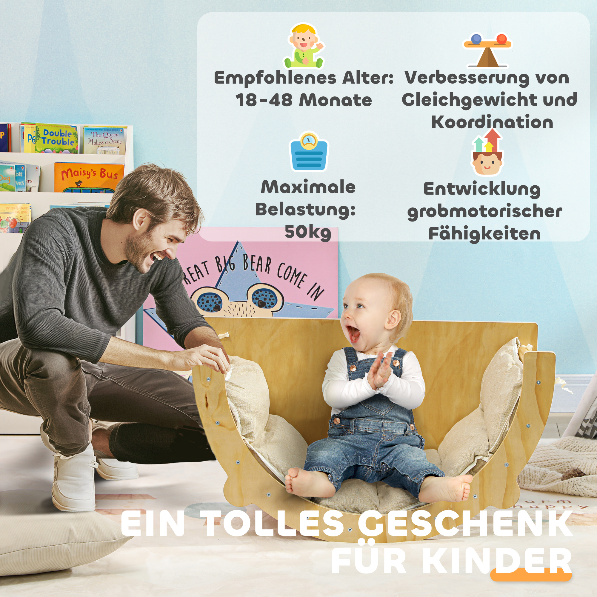 Kletterbogen, Wippe, Leiter, Schaukel mit Polster, für 1,5-4 Jahre, bis 50 kg