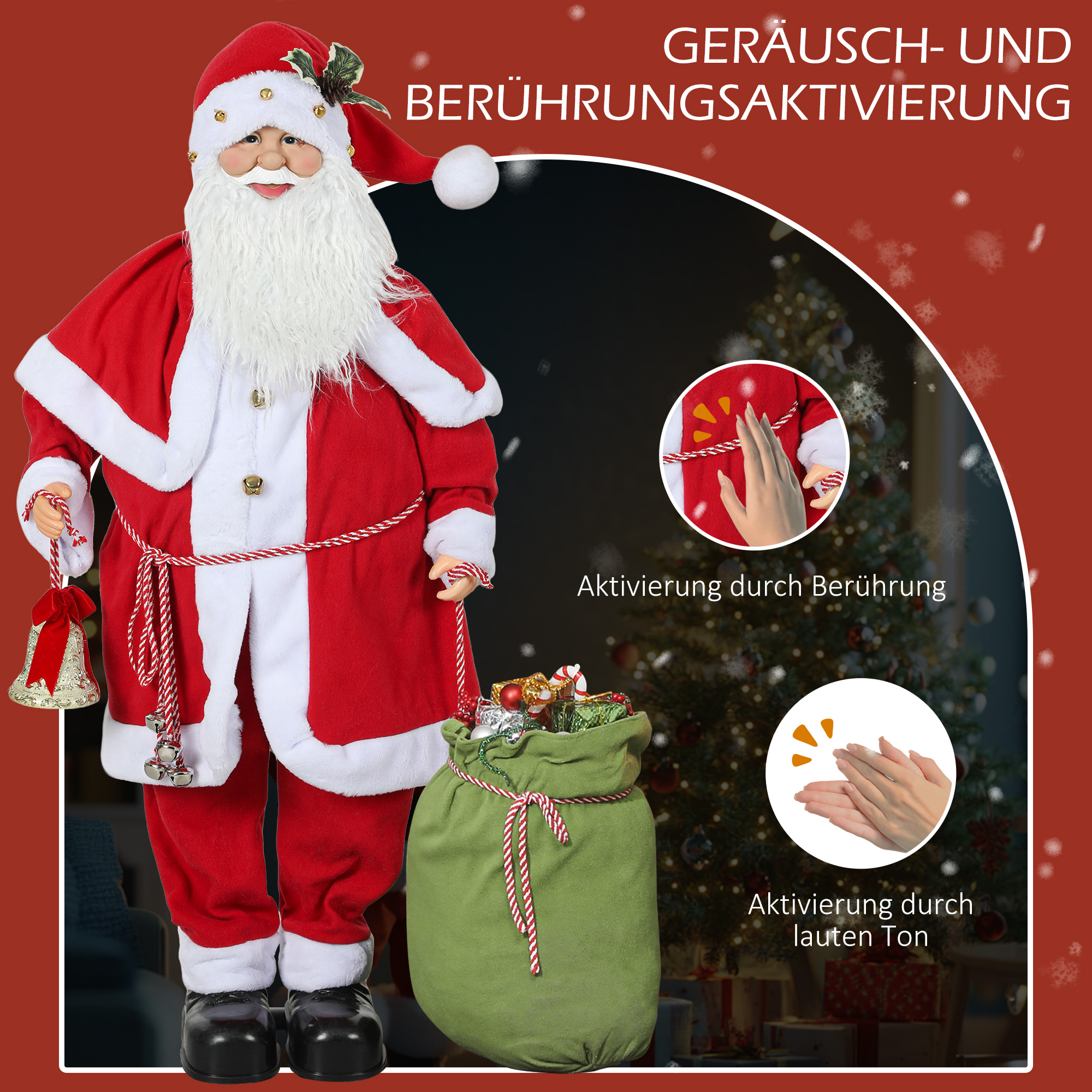 Weihnachtsmannfigur, beweglich, mit Geräuschsensor, Lachen & Musik, 140 cm, Rot