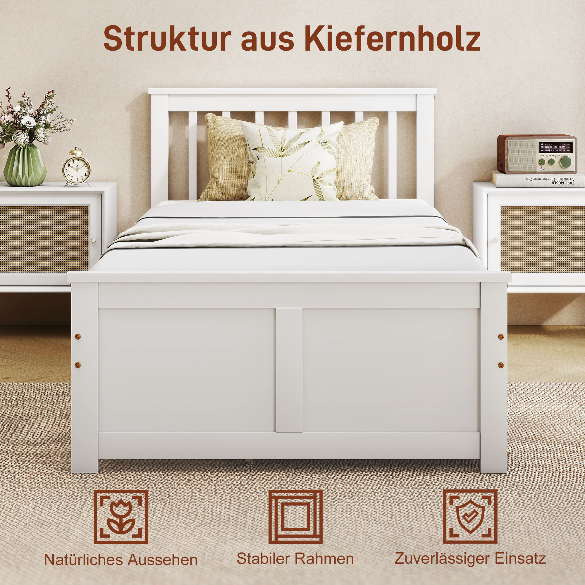 Einzelbettgestell, Bettrahmen aus Holz, Schubladen auf Rädern, kein Lattenrost notwendig, 90 x 200 cm, Weiß