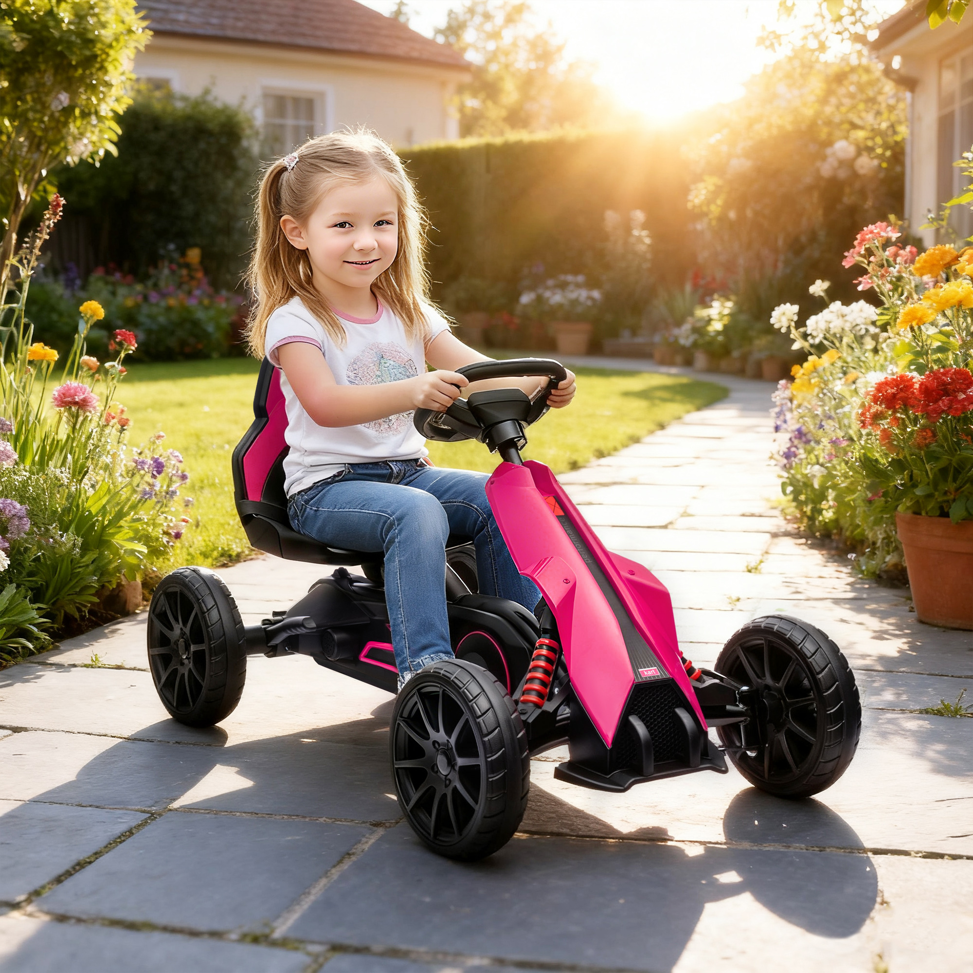 Go-Kart, Kinderfahrzeug mit verstellbarem Sitz, Tretfahrzeug, Tretauto mit Handbremse, 3-8 Jahre, Outdoor, Rosa