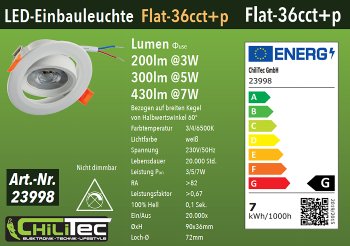 LED-Einbauleuchte "Flat-36 CCT+P" / 3/5/7W, 3000/4000/6500K, schwenkbar
