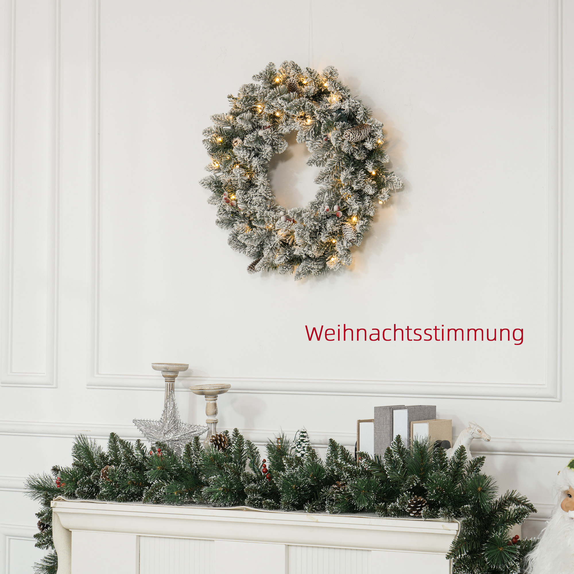 Weihnachtskranz mit LED-Beleuchtung, roten Beeren, realistisches Aussehen, Ø60 x 10 cm, Grün