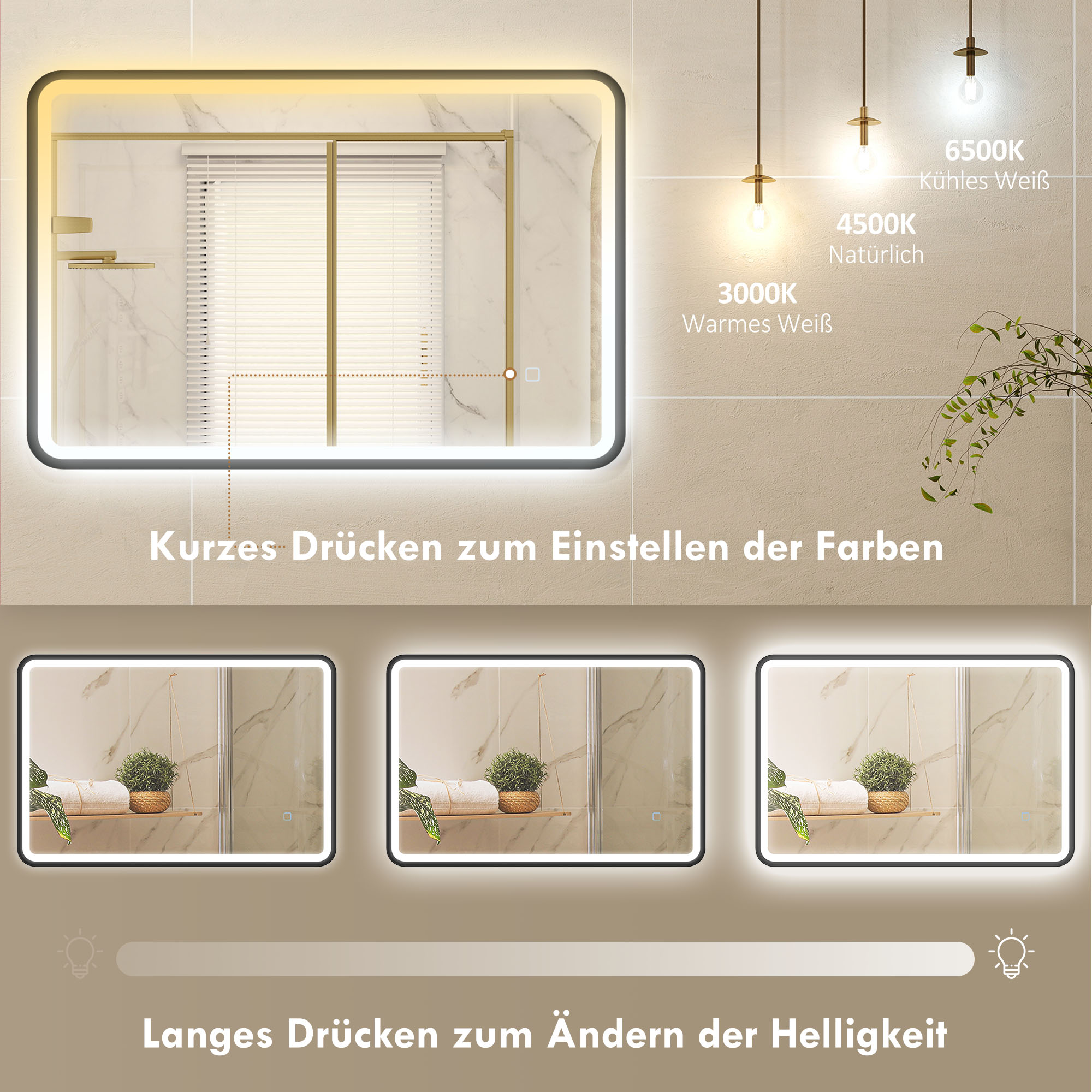 90 x 60 cm LED-Badezimmerspiegel, Lichter, 3 Farben, dimmbar, Memory-Funktion, horizontal und vertikal, Schwarz