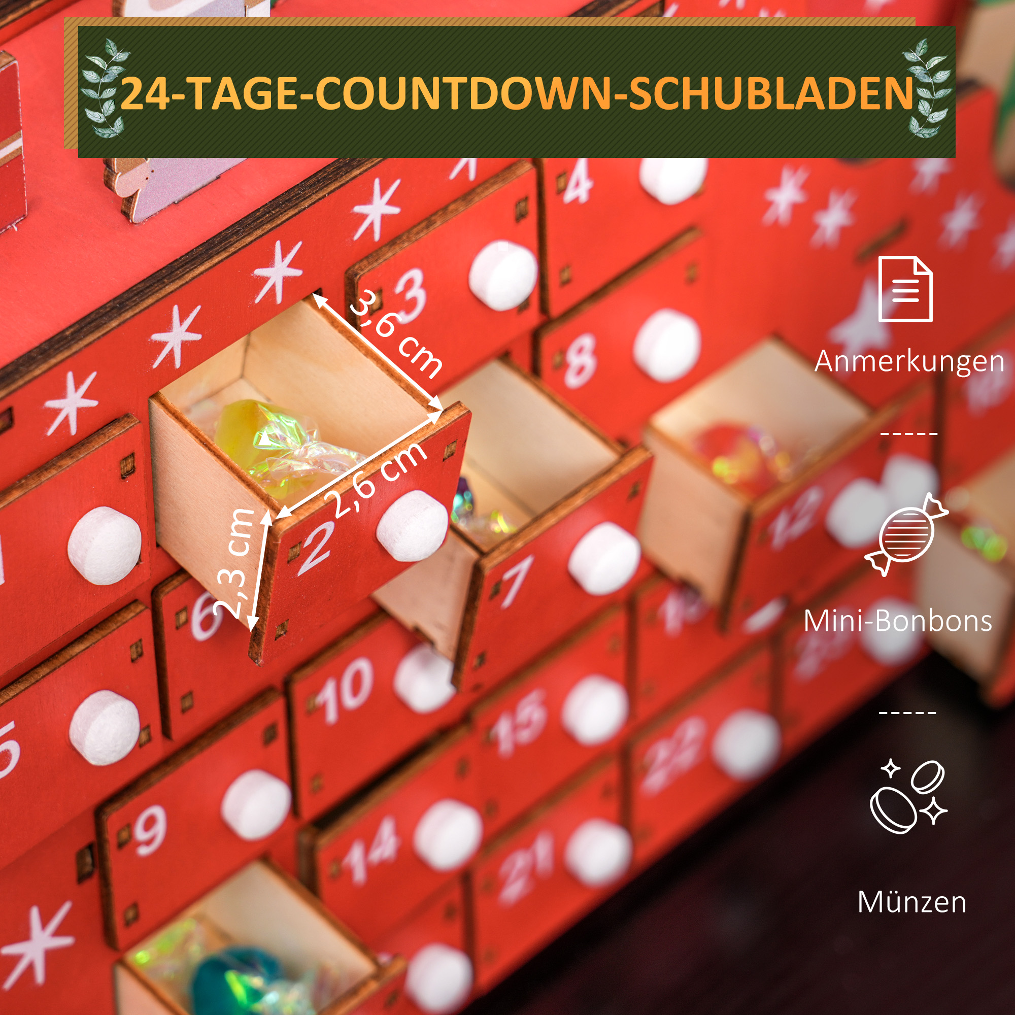 Adventskalender Weihnachtsmann mit Schlitten, 24 Fächer, wiederverwendbar, 22,5x8x36 cm, Rot