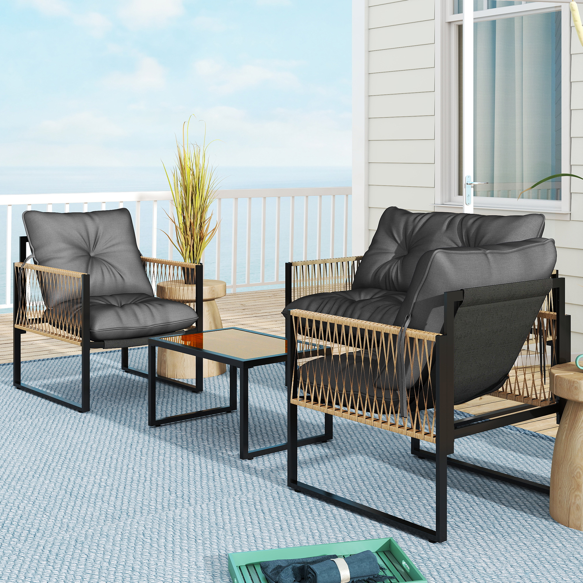 Gartenmöbel-Set, 4-teilig, Sofa, 2 Stühle, Tisch mit Glasplatte, Metallgestell, Polyrattan, Anthrazit