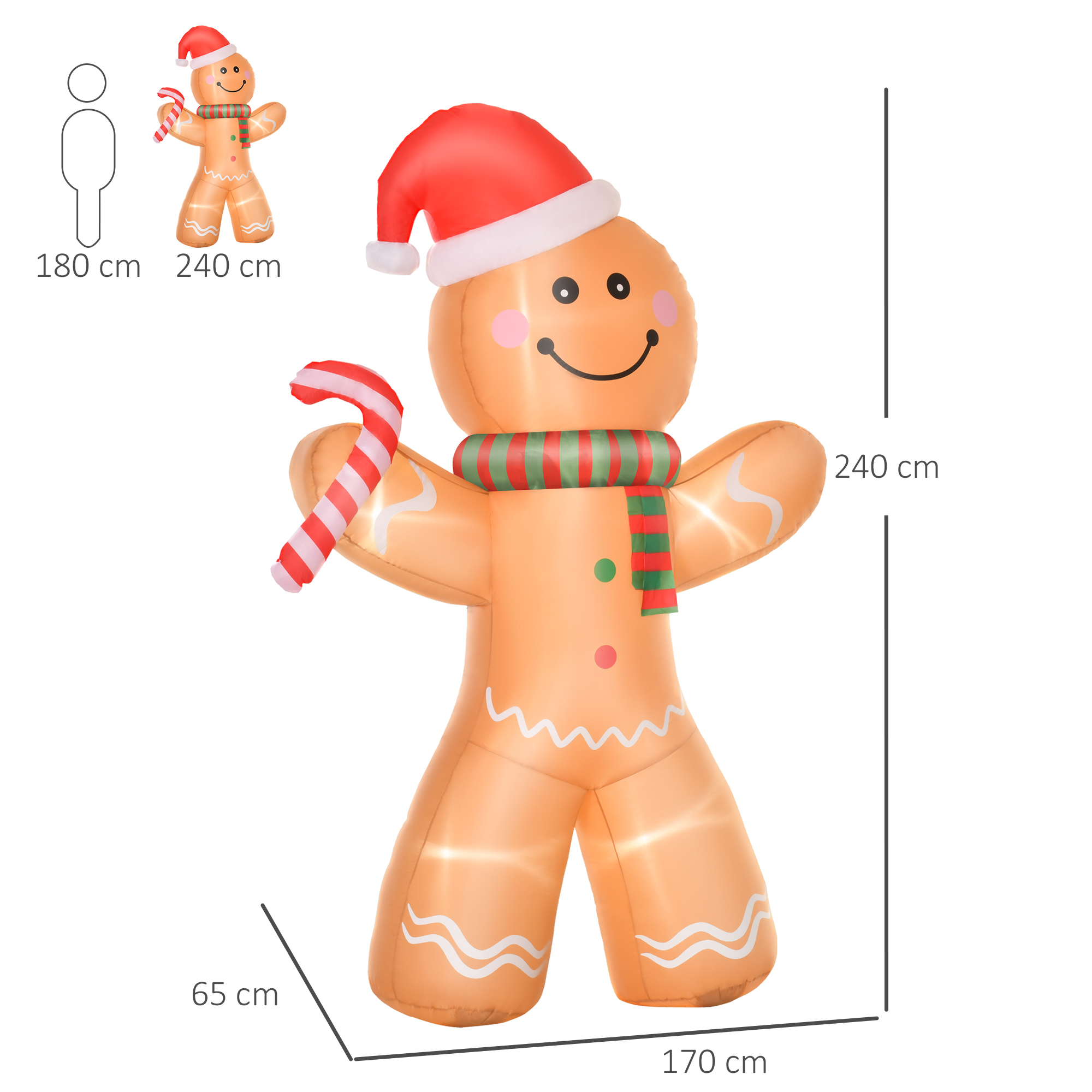 Selbstaufblasender Lebkuchenmann, inkl, Gebläse, Weihnachtsdekoration 2,4 m mit LED-Lichtern