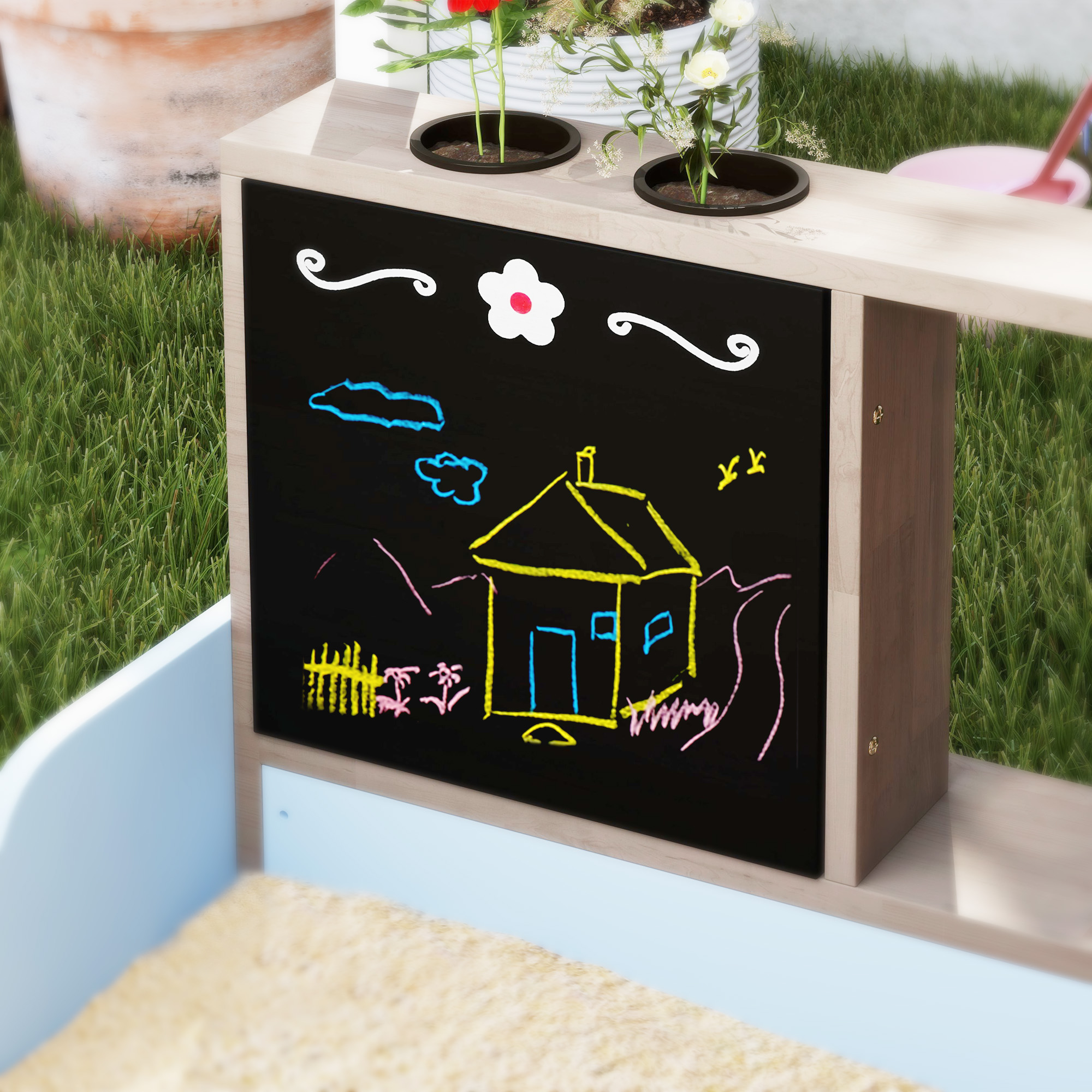 Sandkasten mit Vordach, Einkaufsladen-Design, Sitzbank, Zeichentafel, Tannenholz, 104H x 108L x 90B cm, Blau