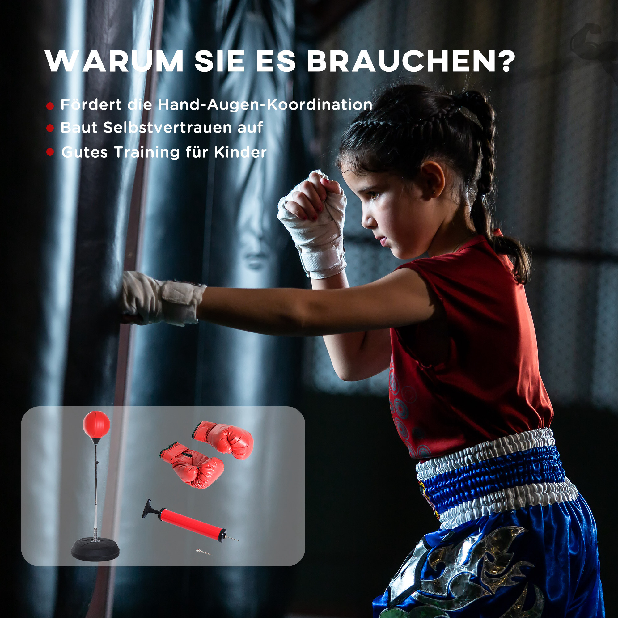 Box-Set mit Punchingball, höhenverstellbar, inkl. Boxhandschuhe, 126-144cm, Rot