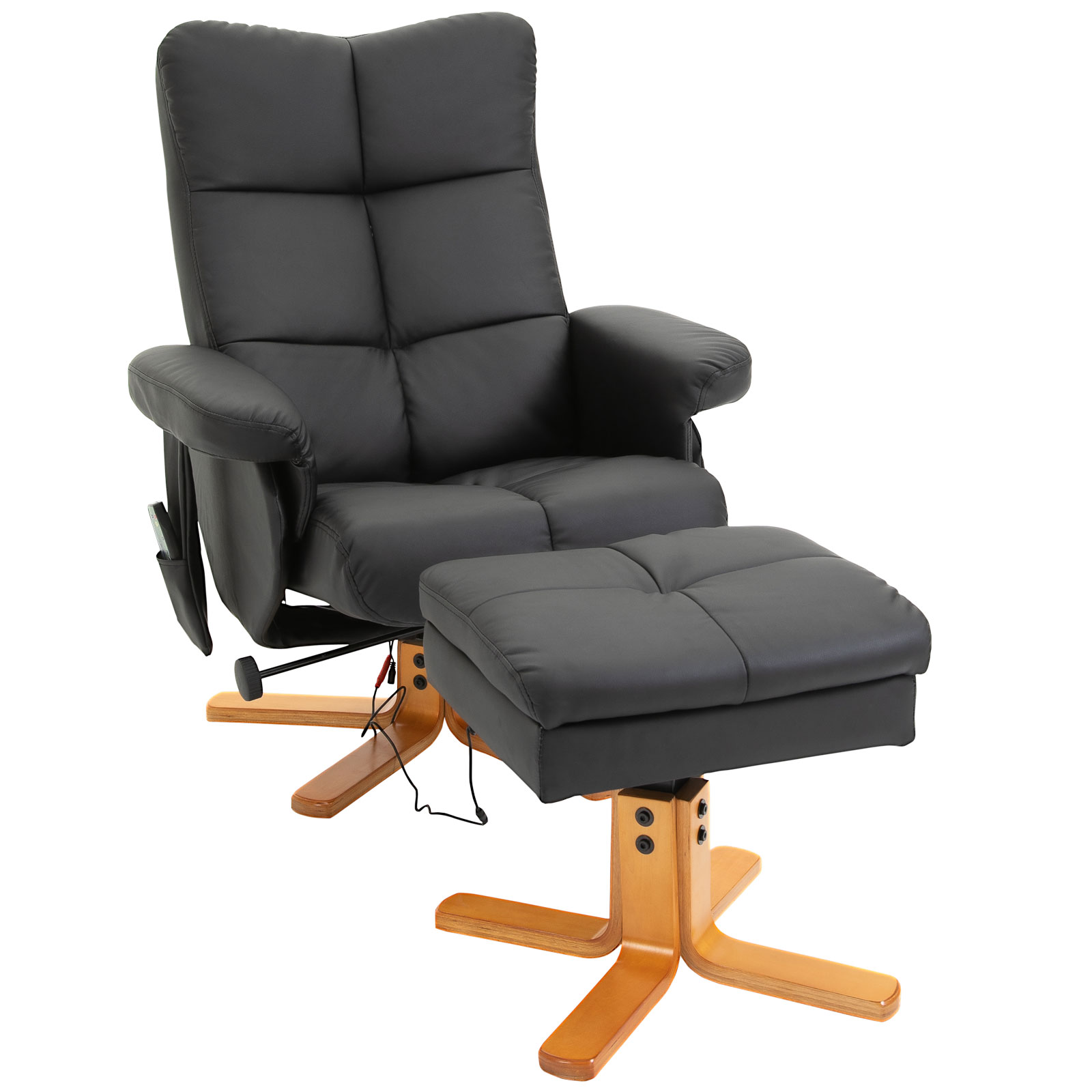 Massagesessel mit Hocker, 145° Neigbarer Relaxsessel mit Massagefunktion Liegefunktion Stauraum, TV-Sessel Fernsehsessel für Wohnzimmer, Kunstleder, 80 x 86 x 99 cm Schwarz