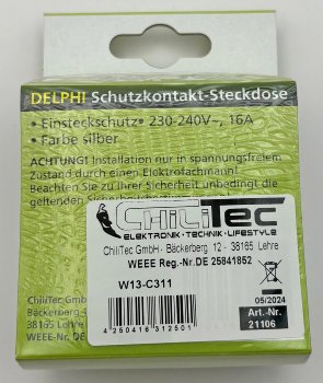 DELPHI Schutzkontakt-Steckdose - 250V~/ 16A, inkl. Rahmen, UP, silber