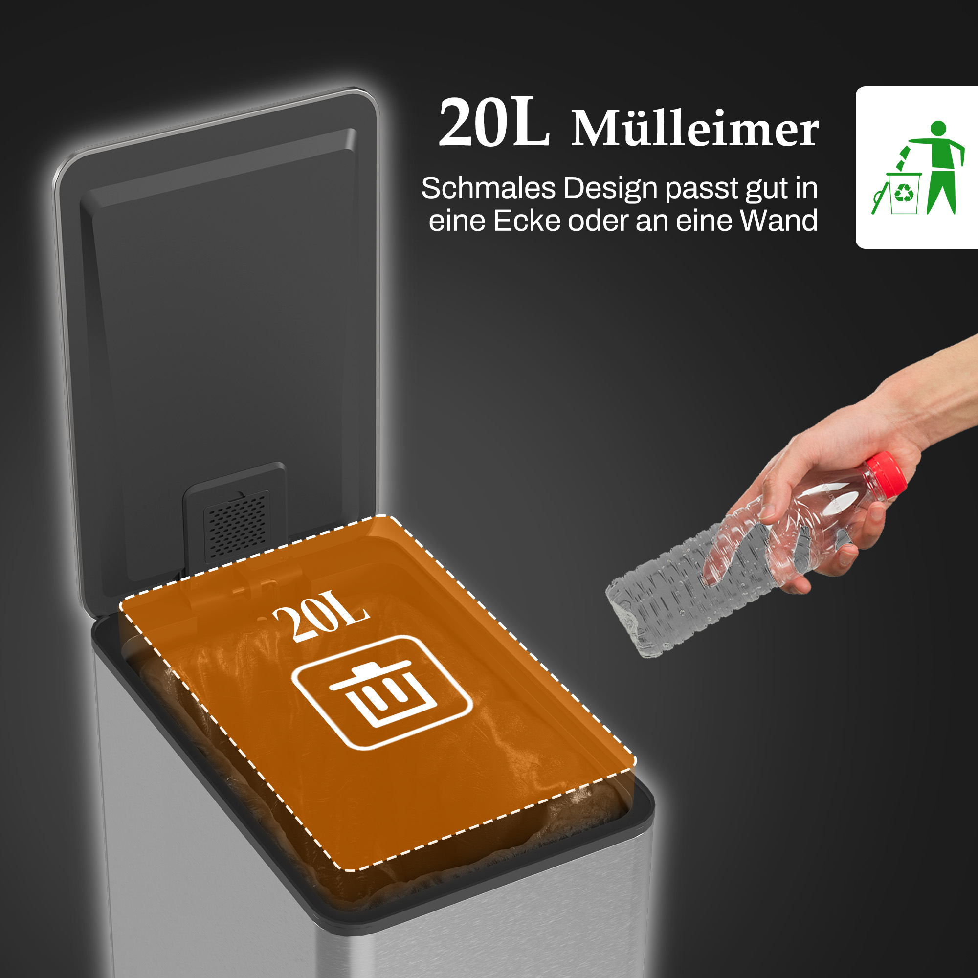 Mülleimer 20L, Soft-Close-Deckel, Deodorant-Fach, Fingerabdrucksicher, Edelstahl, Silber