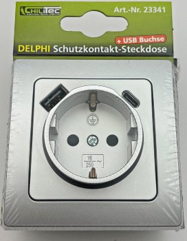 DELPHI Schutzkontakt-Steckdose, silber - 230V~/ 16A, Unterputz, USB-C / PD