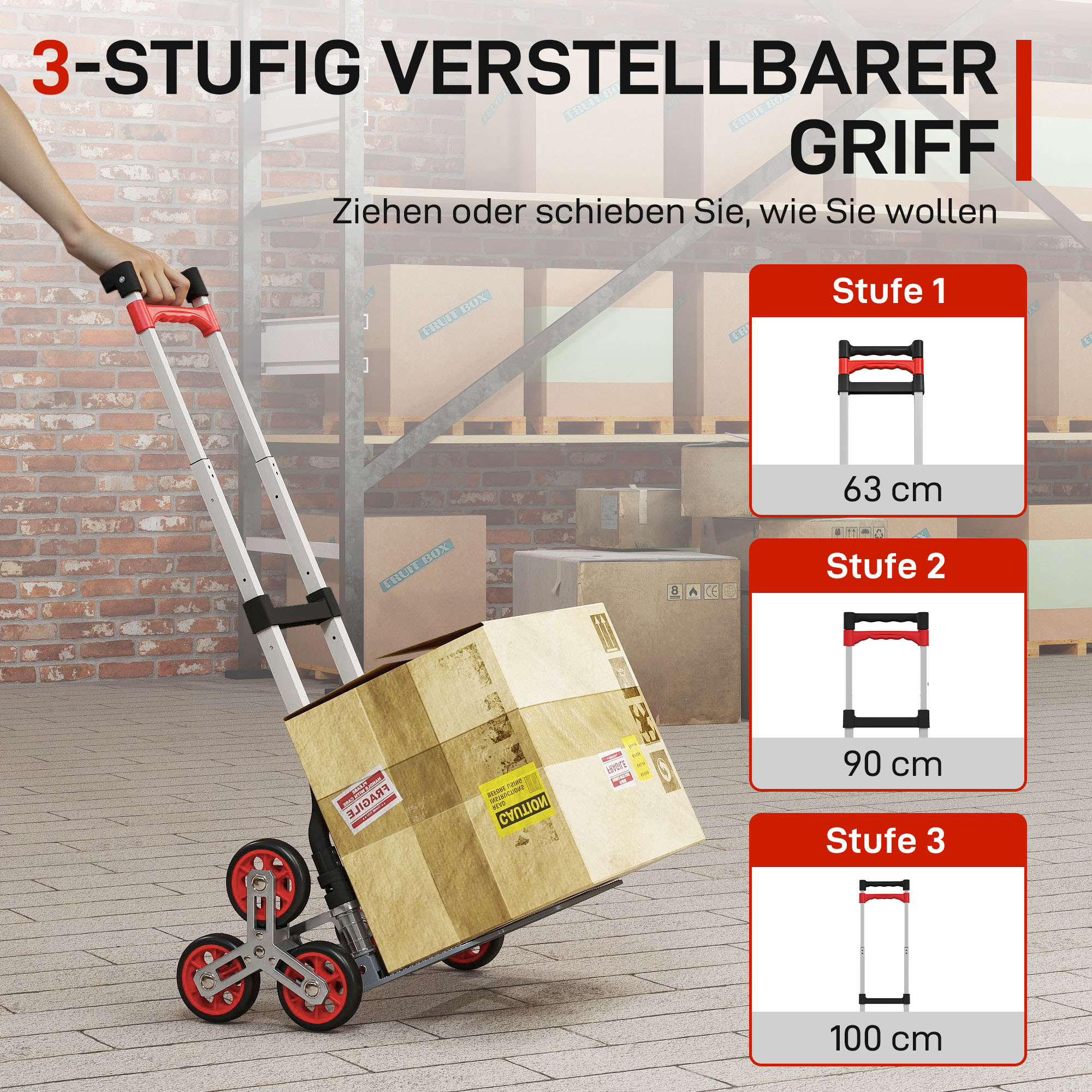 Faltbarer Treppensteiger-Trolley, 6-Rad-System, trägt 70 kg, Aluminium, Rot
