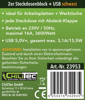 2-fach Steckdosenblock, USB-A+C, schwarz