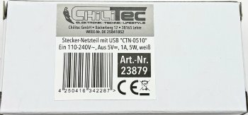 Stecker-Netzteil mit USB "CTN-0510", Ein 110-240V~, Aus 5V=, 1A, 5W, weiß