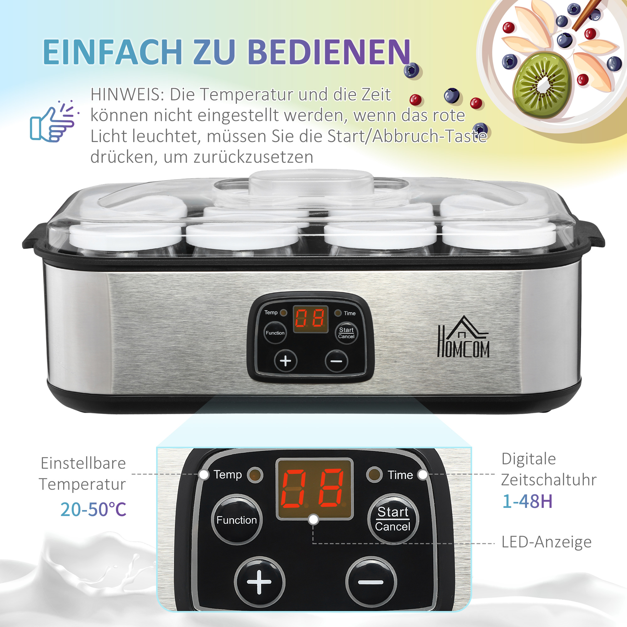 Joghurtbereiter Griechische Joghurtmaschine mit Deckel, 8 BPA-freier Glas-Innenbehälter à 180 ml, Joghurt Maker mit LCD Display Timer, für bis zu 1,4 Liter Joghurt 25 W Silber
