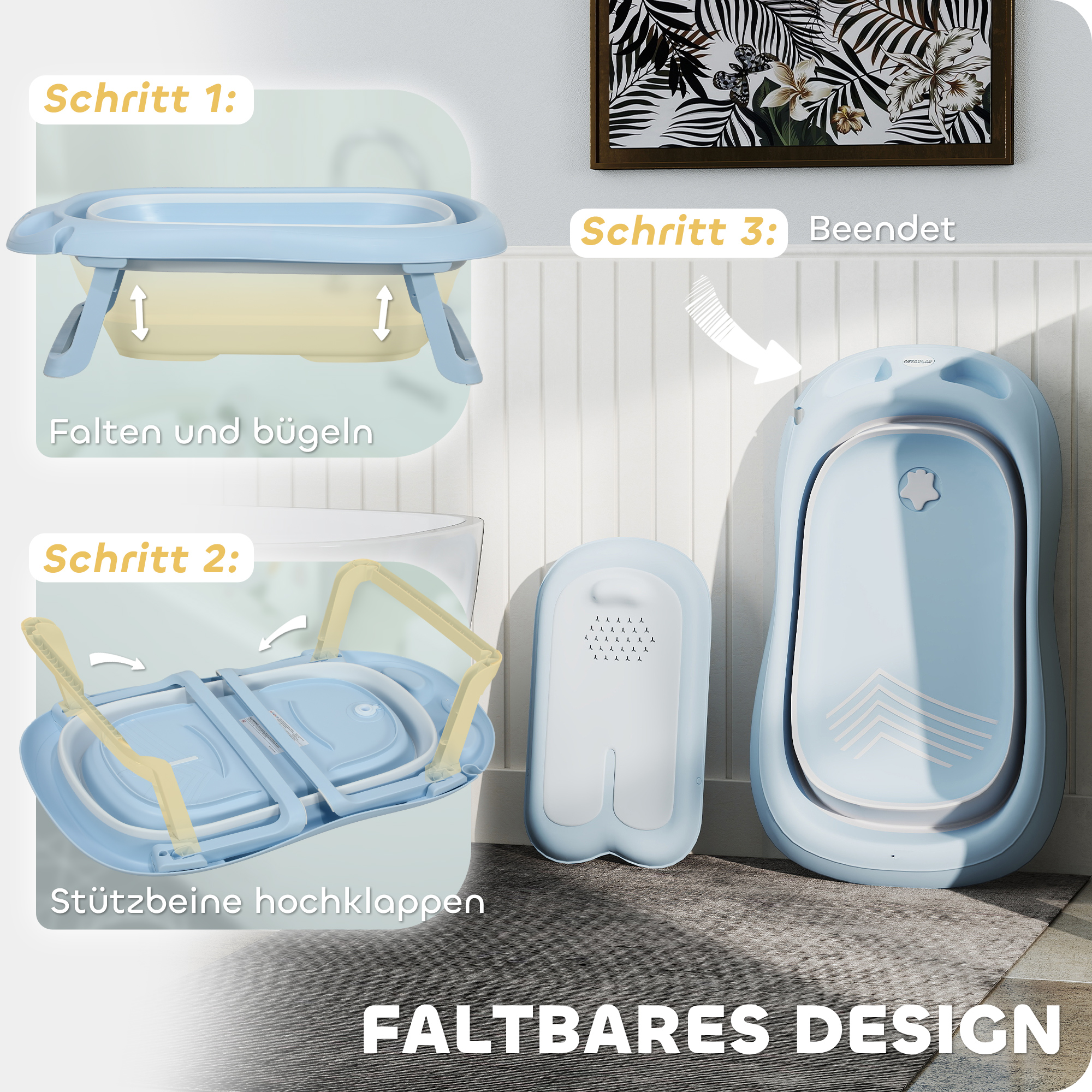 Babybadewanne, faltbar, rutschfester Boden, sichere Materialien, 83L x 48B x 23,5H cm, Hellblau