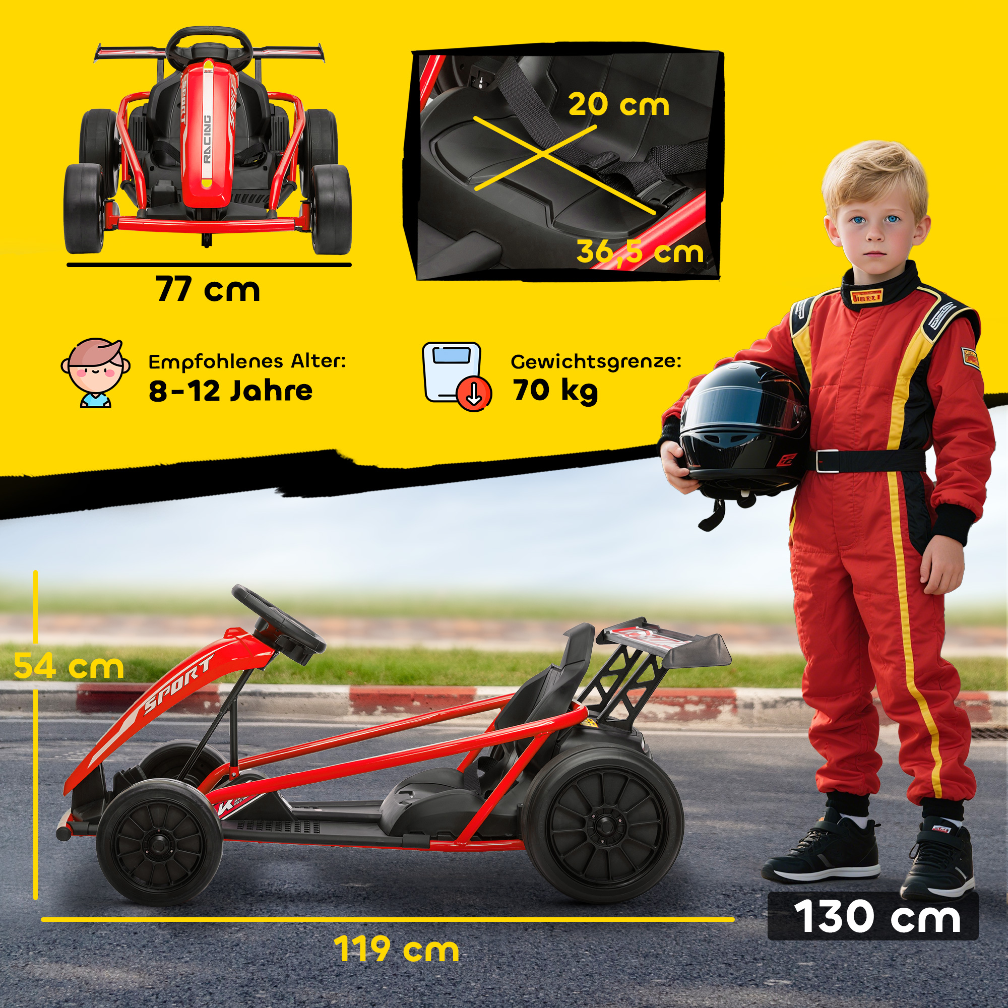 24V Elektro-Go-Kart zum Fahren und Driften, Nylon-Reifen, Sicherheitsgurt, Hupe, Musik für 8-12 Jahre Rot